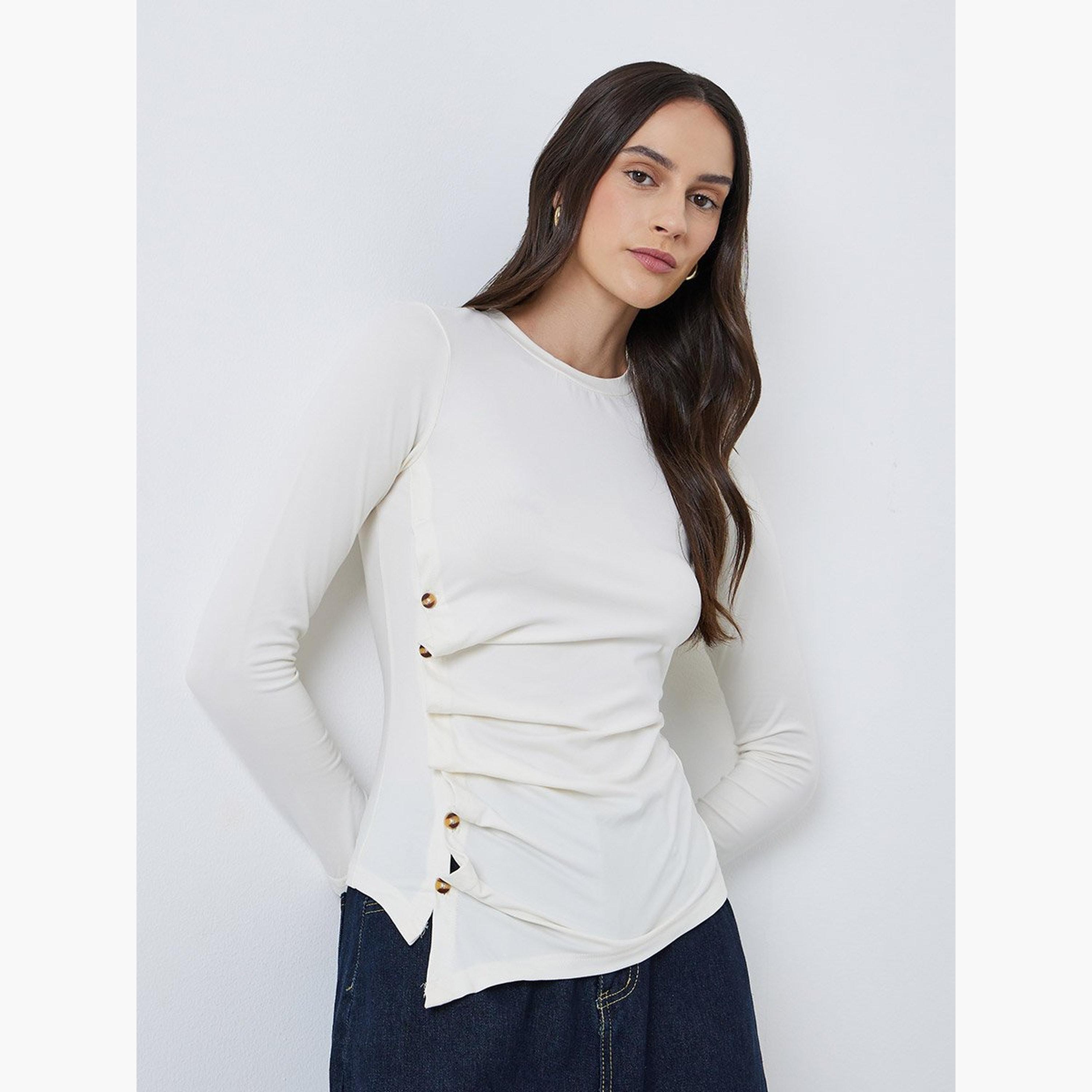 ستايلي - بلوزة بأكمام طويلة وحاشية غير متماثلة وتفاصيل أزرار-women-clothing-shirtsandblouses-blouses-image-1