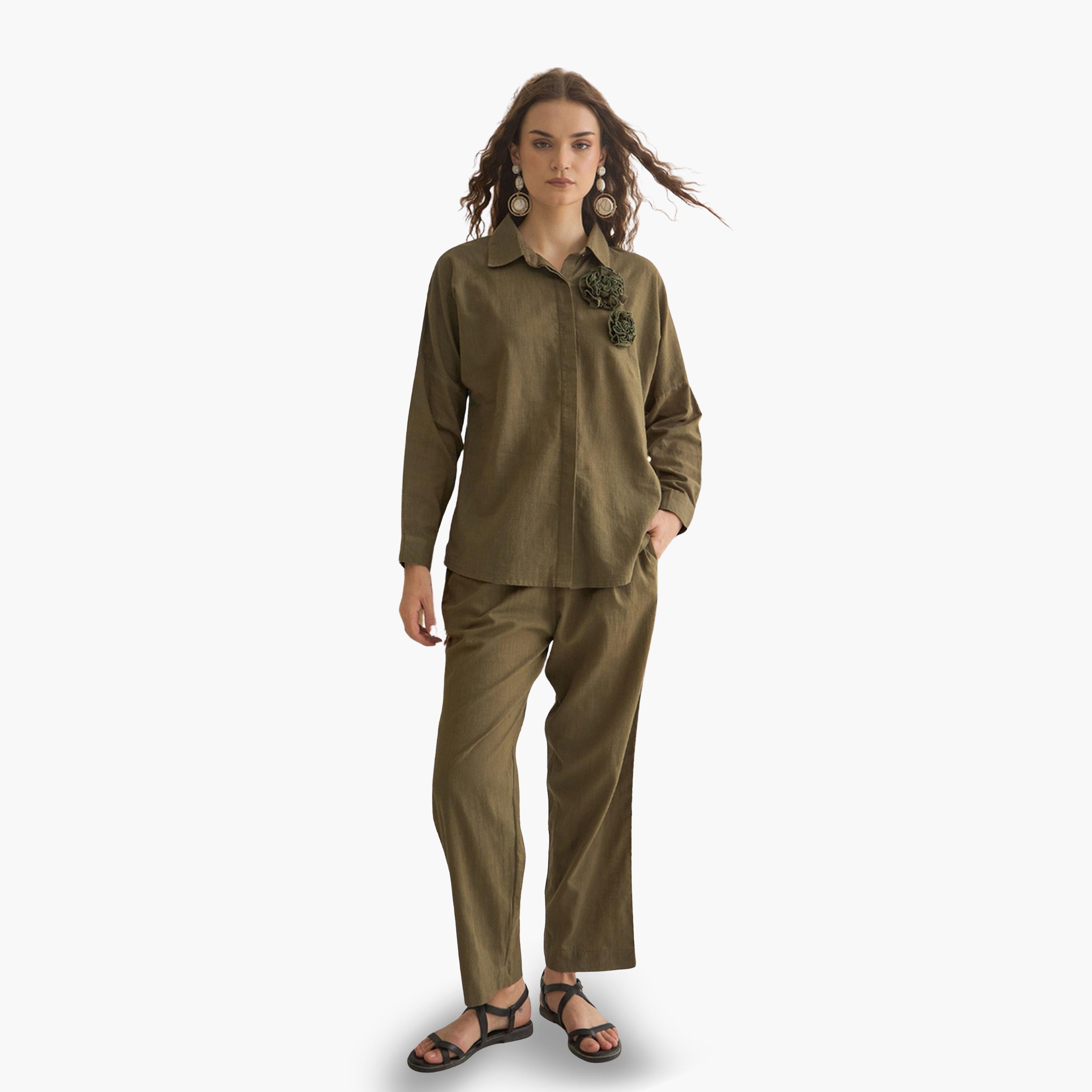 طقم نسائي من قميص وبنطال قطن خالص-women-clothing-coordsets-image-1