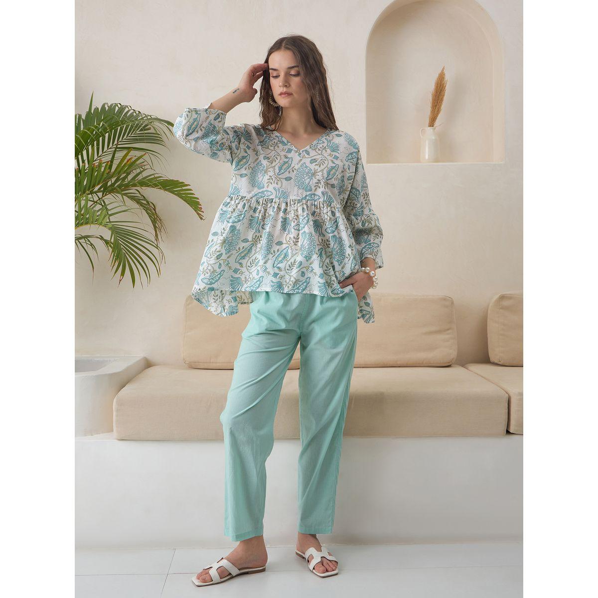 Sanskrutihomes Printed Pure Cotton V-Neck Top and Pants Co-Ords-women-clothing-coordsets-image-1