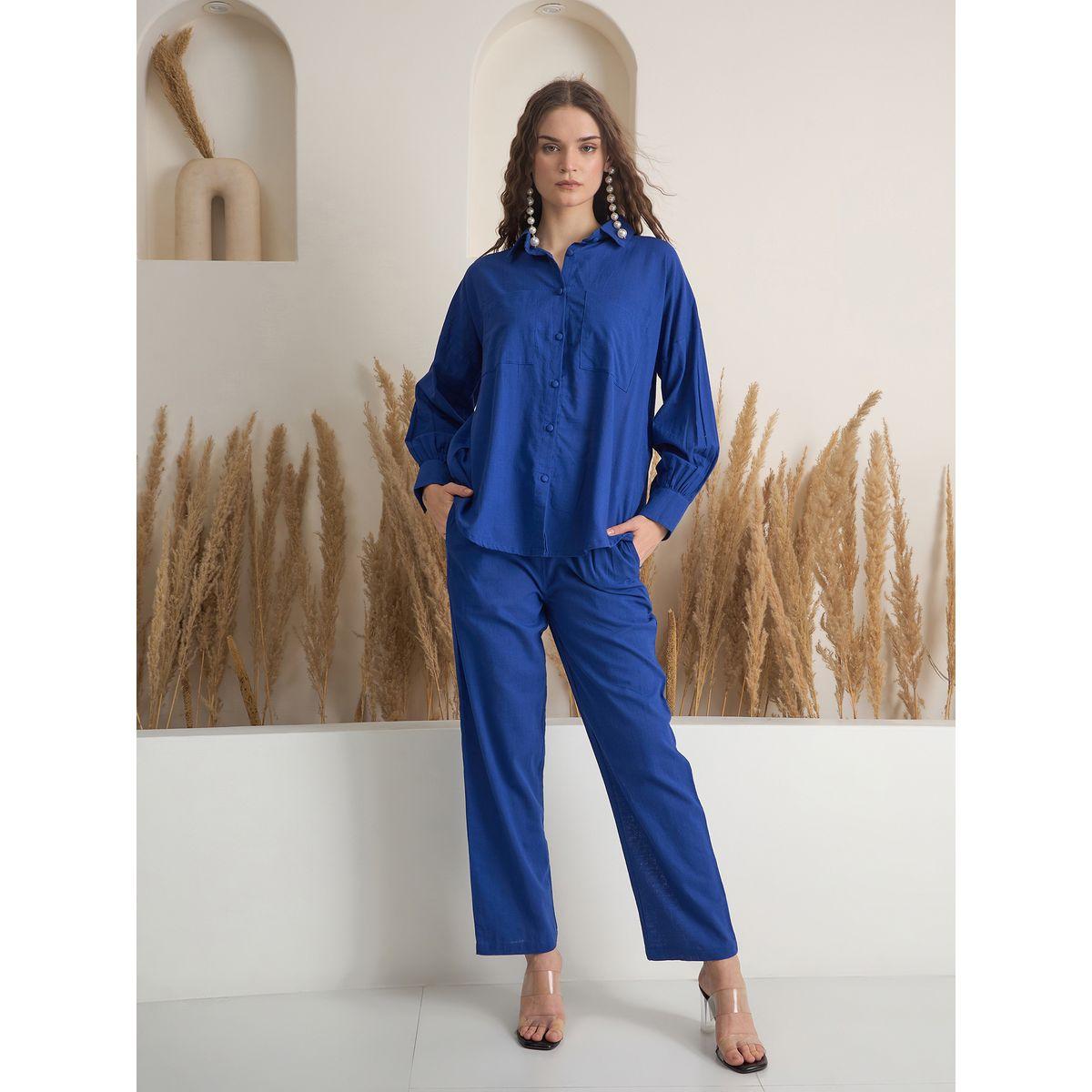 Sanskrutihomes Solid Pure Cotton Buttoned Shirt and Pants Co-Ords-women-clothing-coordsets-image-1