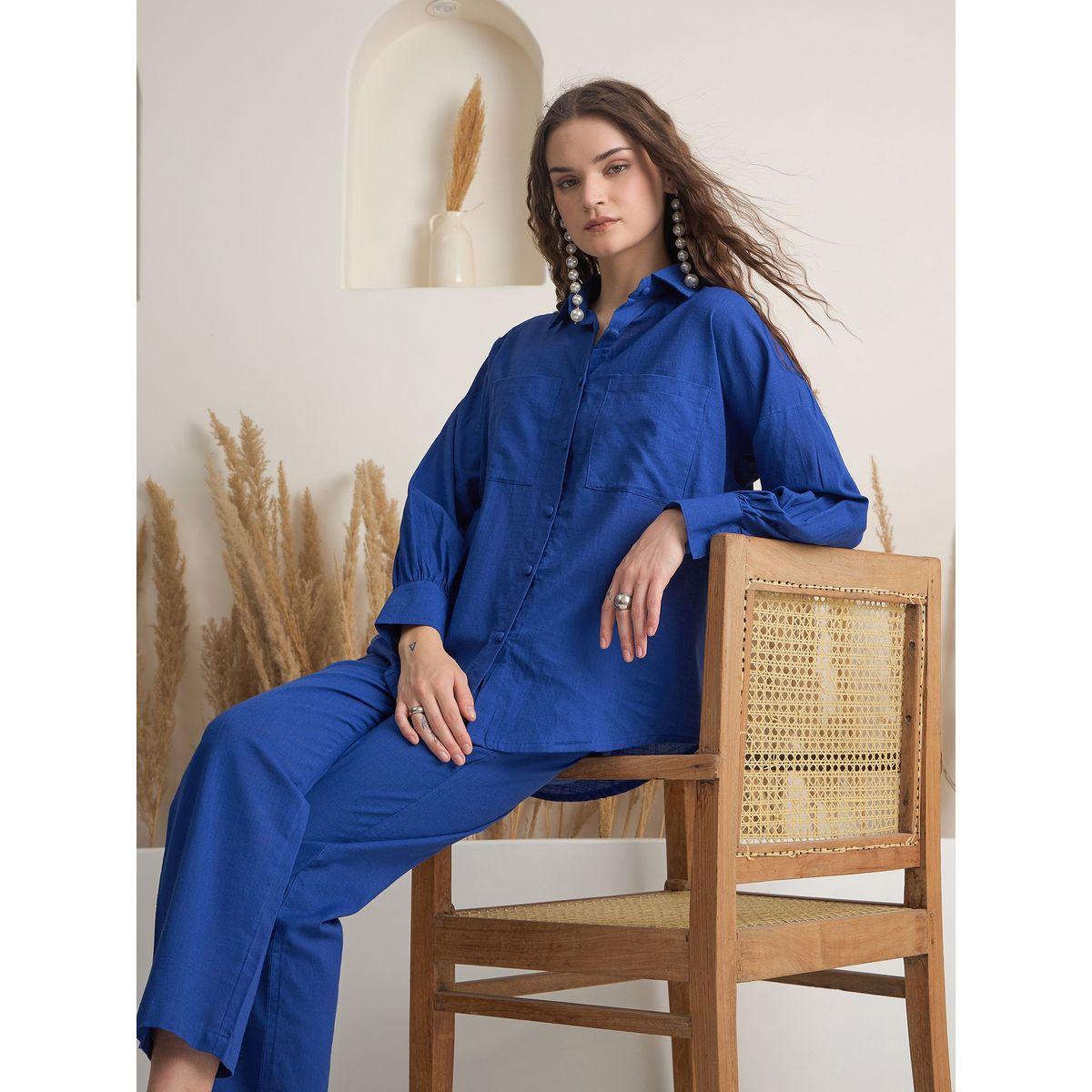 Sanskrutihomes Solid Pure Cotton Buttoned Shirt and Pants Co-Ords-women-clothing-coordsets-image-6