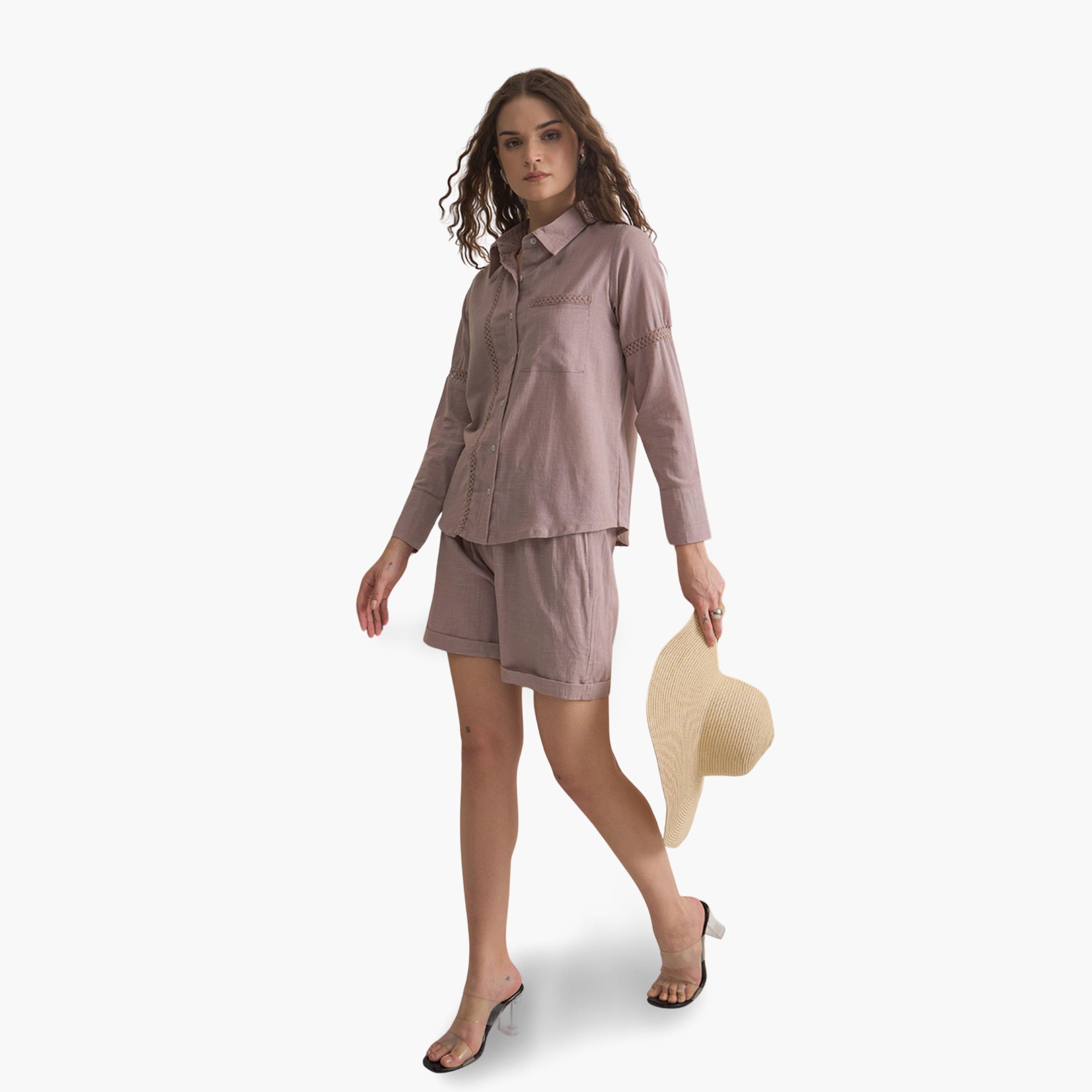 Sanskrutihomes Women Purple Pure Cotton Shirt and Shorts Co-Ords-women-clothing-coordsets-image-2