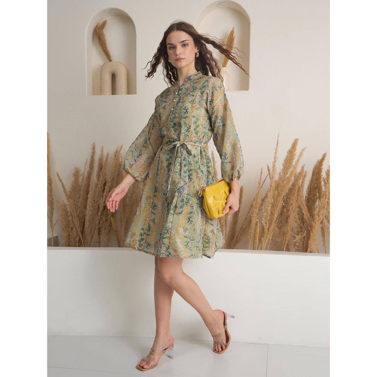 Sanskrutihomes Green Floral Print Mini Dress with Inner Slip-women-clothing-dresses-image-1
