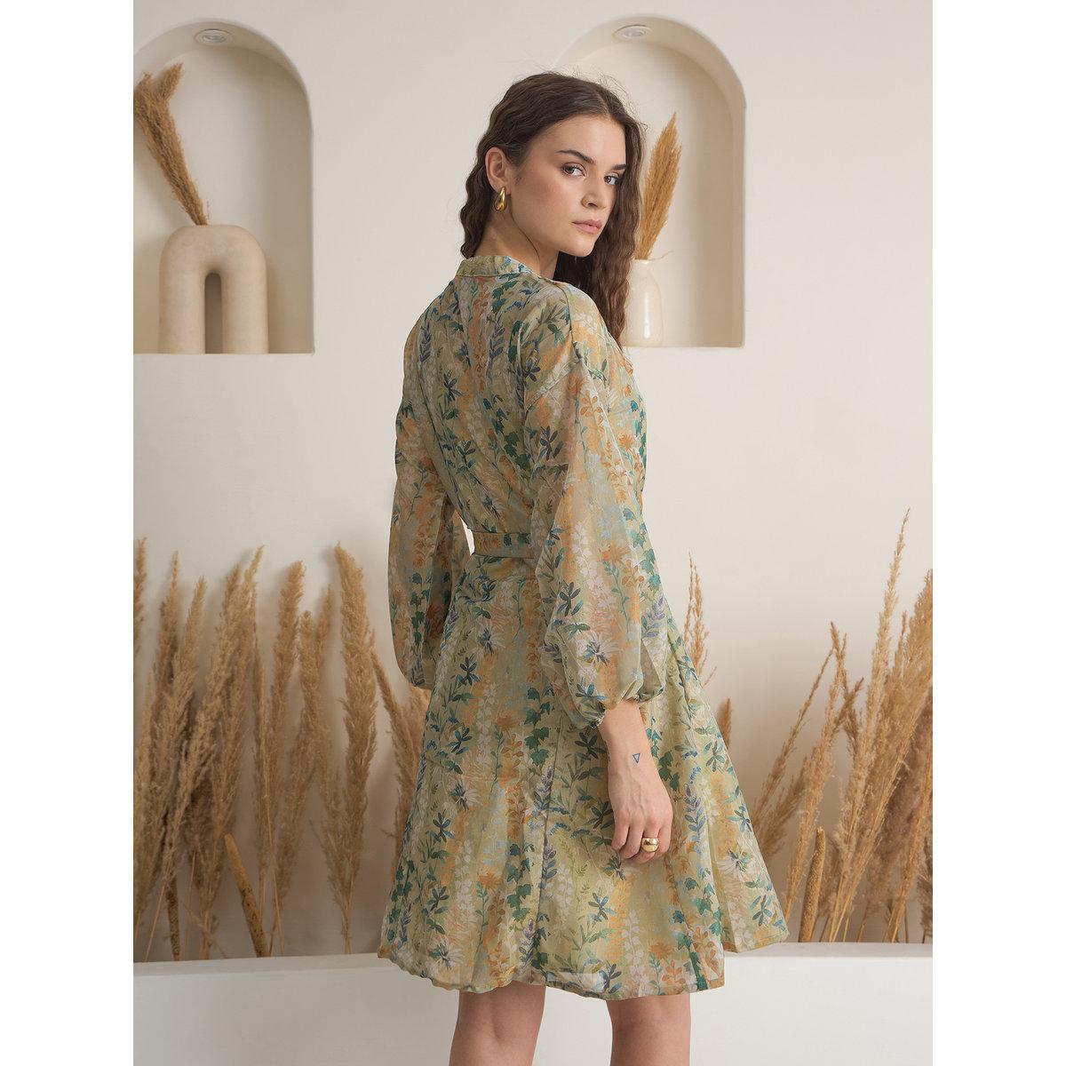 Sanskrutihomes Green Floral Print Mini Dress with Inner Slip-women-clothing-dresses-image-4