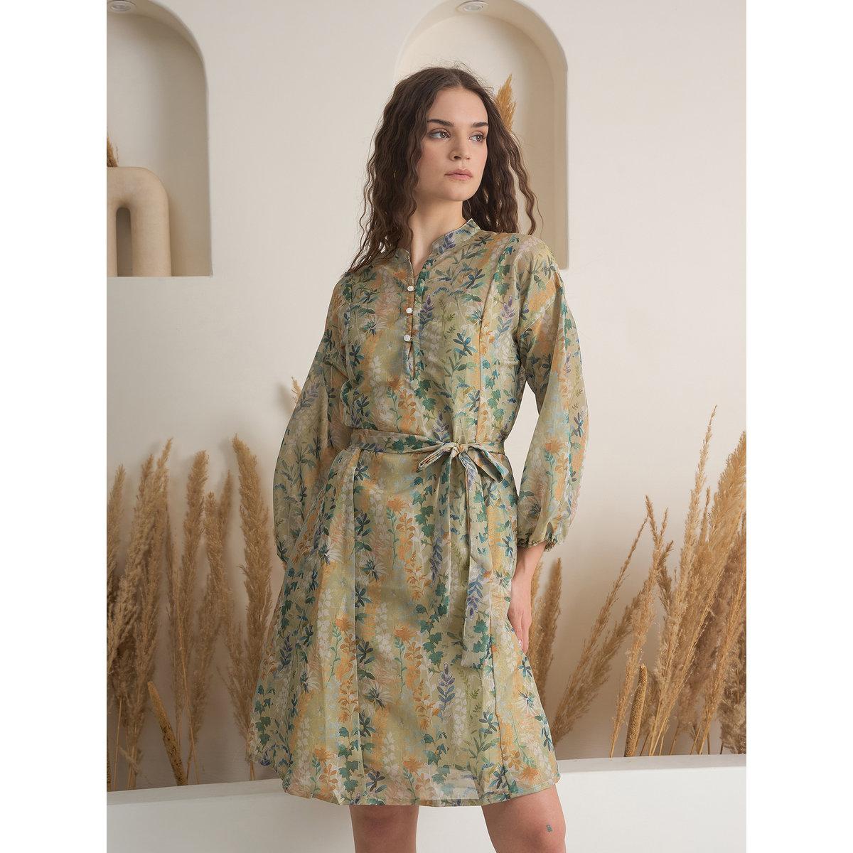 Sanskrutihomes Green Floral Print Mini Dress with Inner Slip-women-clothing-dresses-image-5