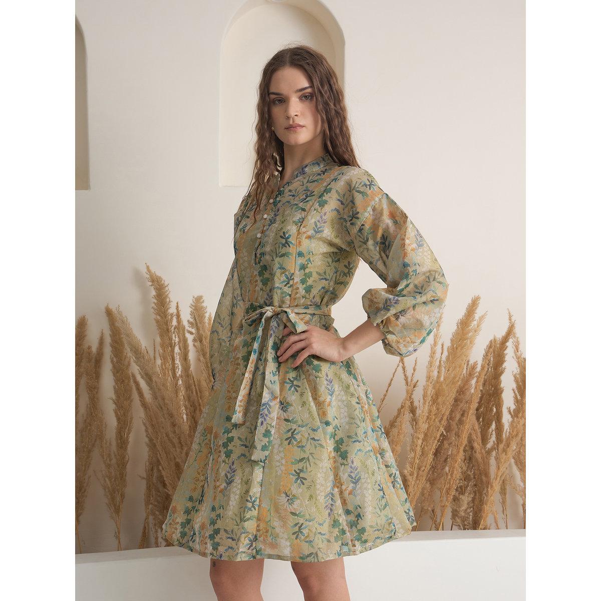 Sanskrutihomes Green Floral Print Mini Dress with Inner Slip-women-clothing-dresses-image-6