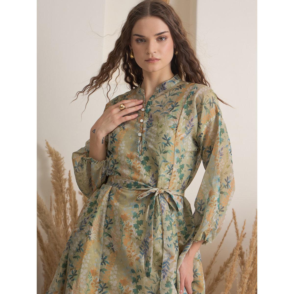 Sanskrutihomes Green Floral Print Mini Dress with Inner Slip-women-clothing-dresses-image-7
