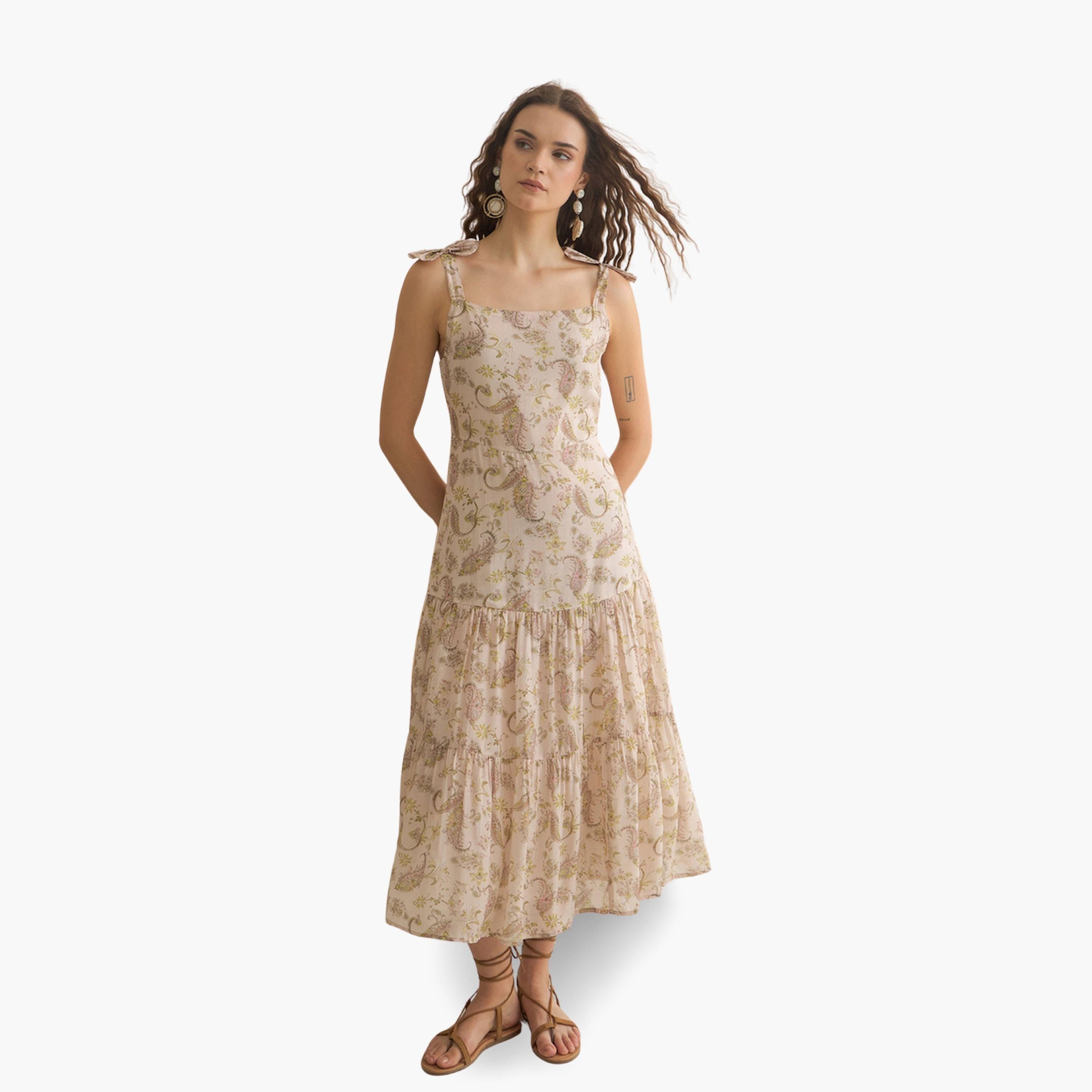Sanskrutihomes Women Peach Printed Cotton Blend A-Line Dress-women-clothing-dresses-image-1