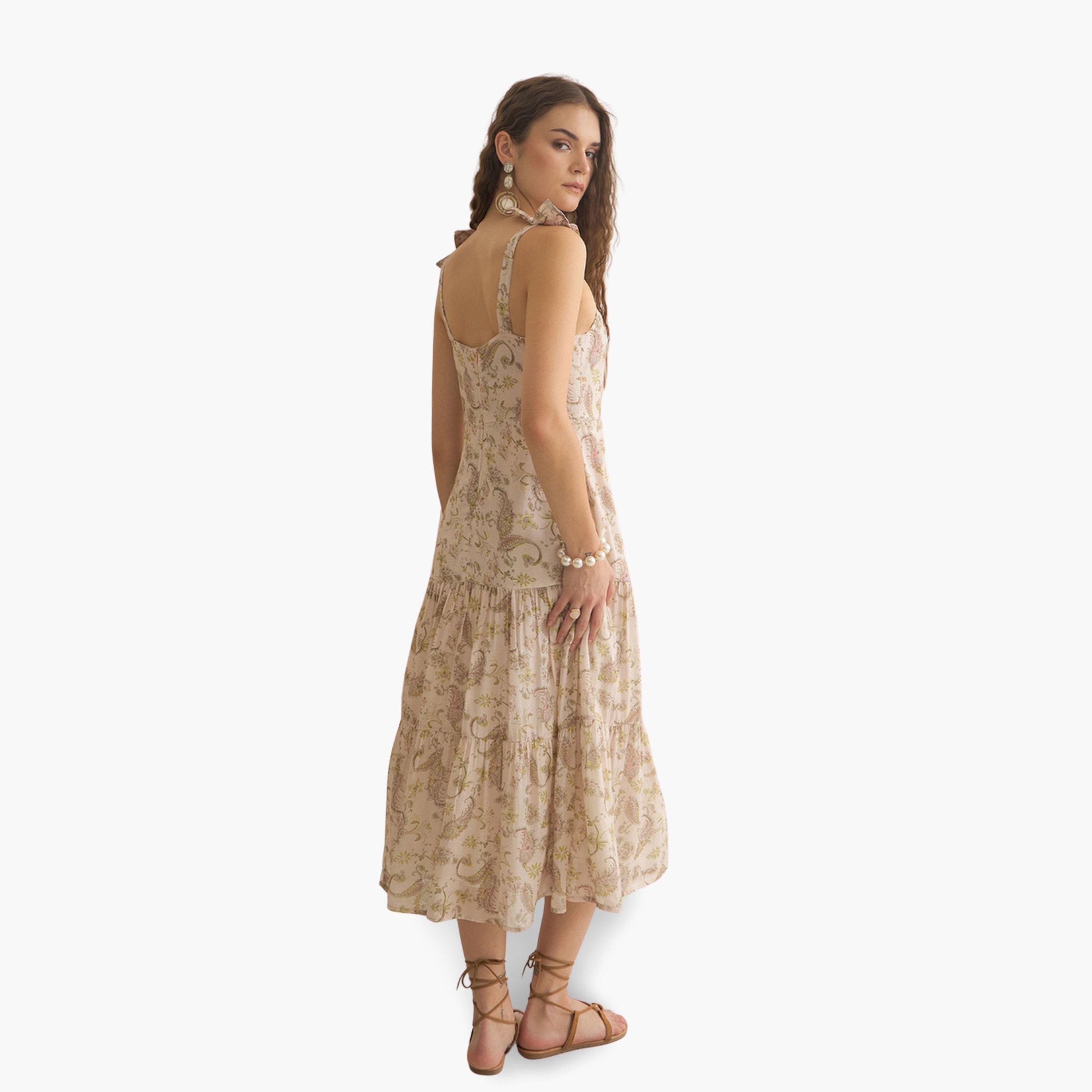 Sanskrutihomes Women Peach Printed Cotton Blend A-Line Dress-women-clothing-dresses-image-2