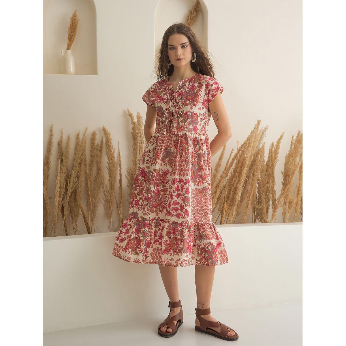 Sanskrutihomes Floral Printed Pure Cotton A-Line Midi Dress-women-clothing-dresses-image-1