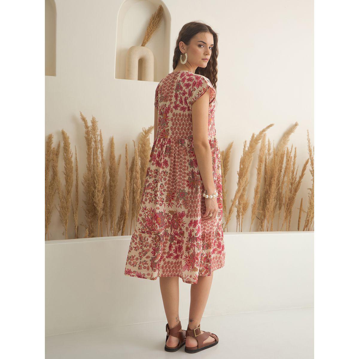 Sanskrutihomes Floral Printed Pure Cotton A-Line Midi Dress-women-clothing-dresses-image-2