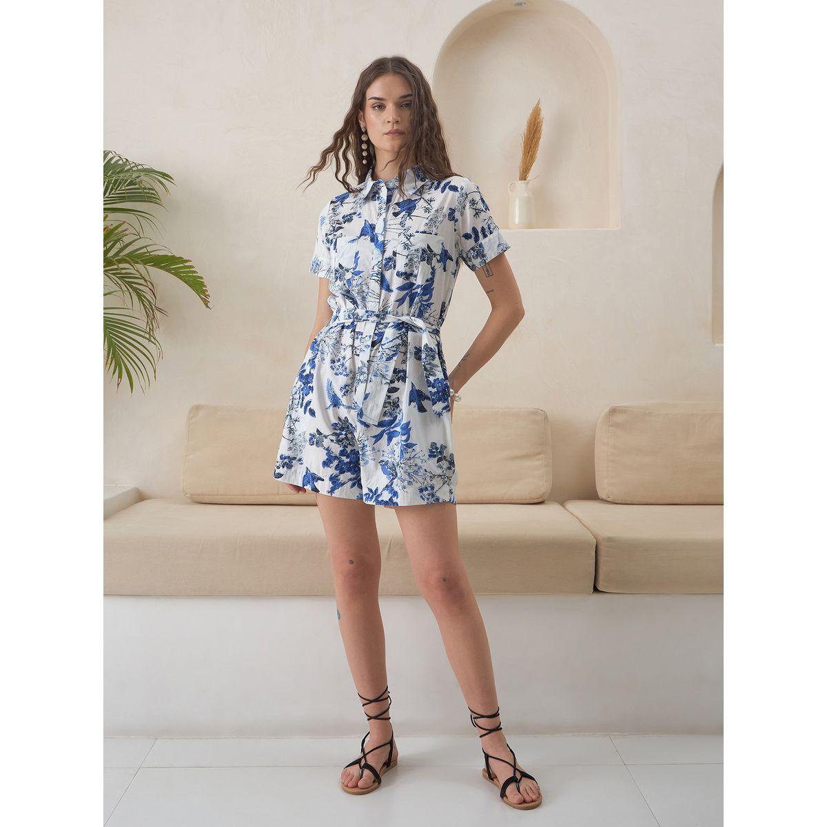 Sanskrutihomes Cotton Floral Printed Collared Short Jumpsuit-women-clothing-jumpsuits-image-1