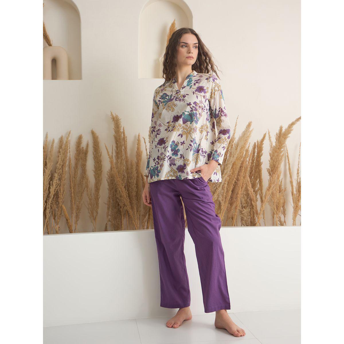 Sanskrutihomes Women Floral Print Pure Cotton Top and Solid Pyjama Set-women-clothing-nightwear-pyjamas-longsets-image-1