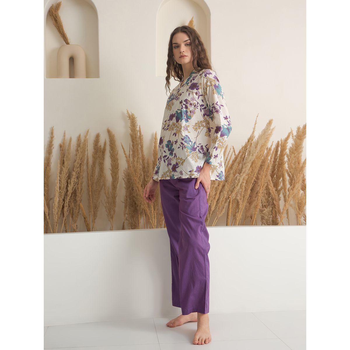 Sanskrutihomes Women Floral Print Pure Cotton Top and Solid Pyjama Set-women-clothing-nightwear-pyjamas-longsets-image-4