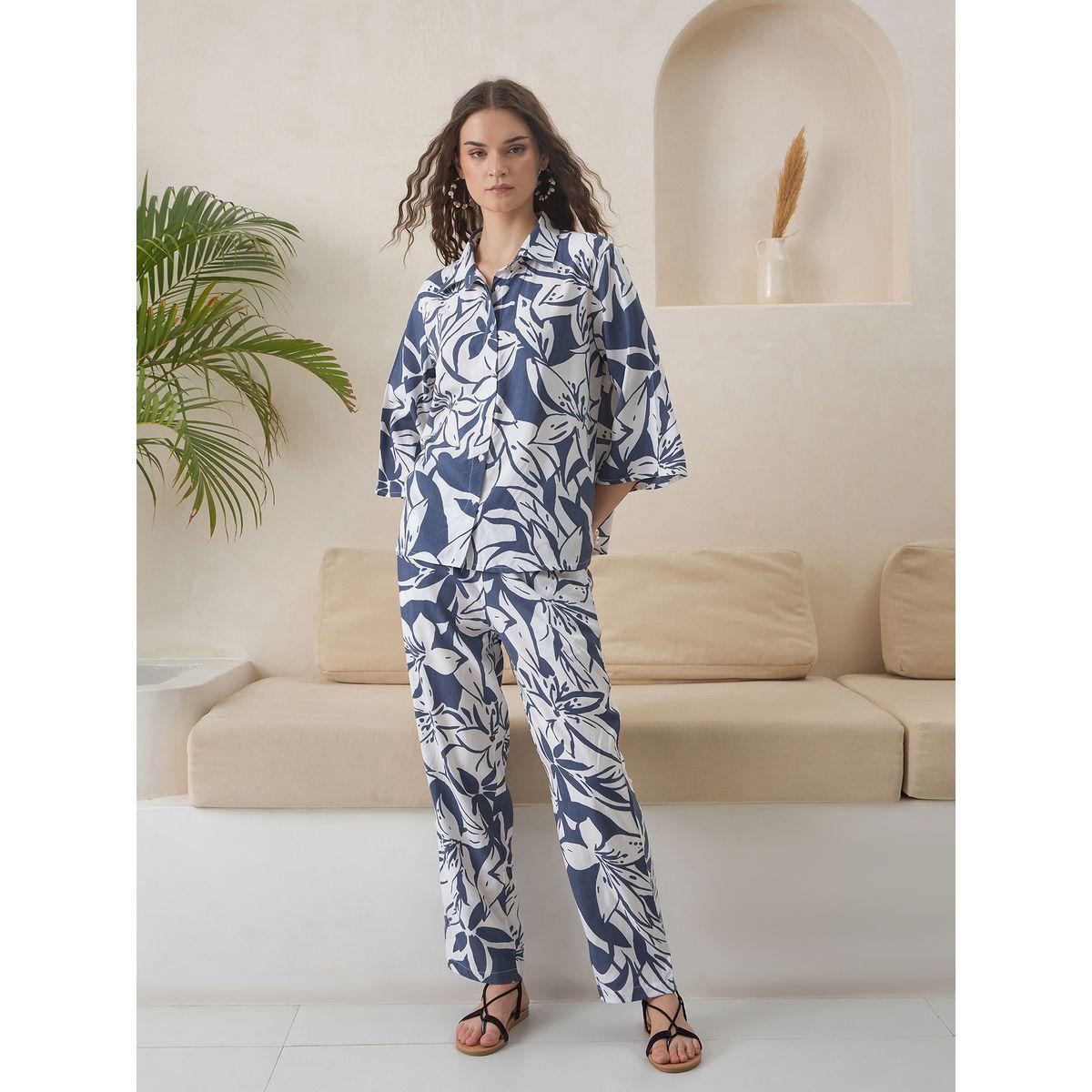 Sanskrutihomes Women Blue Floral Print 3/4 Sleeve Shirt and Pyjama Set-women-clothing-nightwear-pyjamas-longsets-image-1