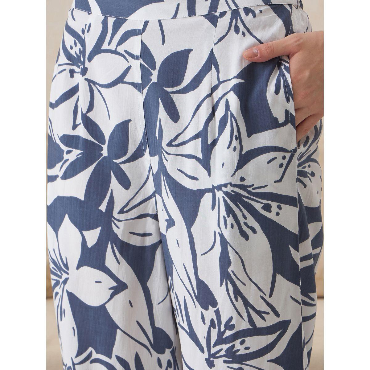 Sanskrutihomes Women Blue Floral Print 3/4 Sleeve Shirt and Pyjama Set-women-clothing-nightwear-pyjamas-longsets-image-2