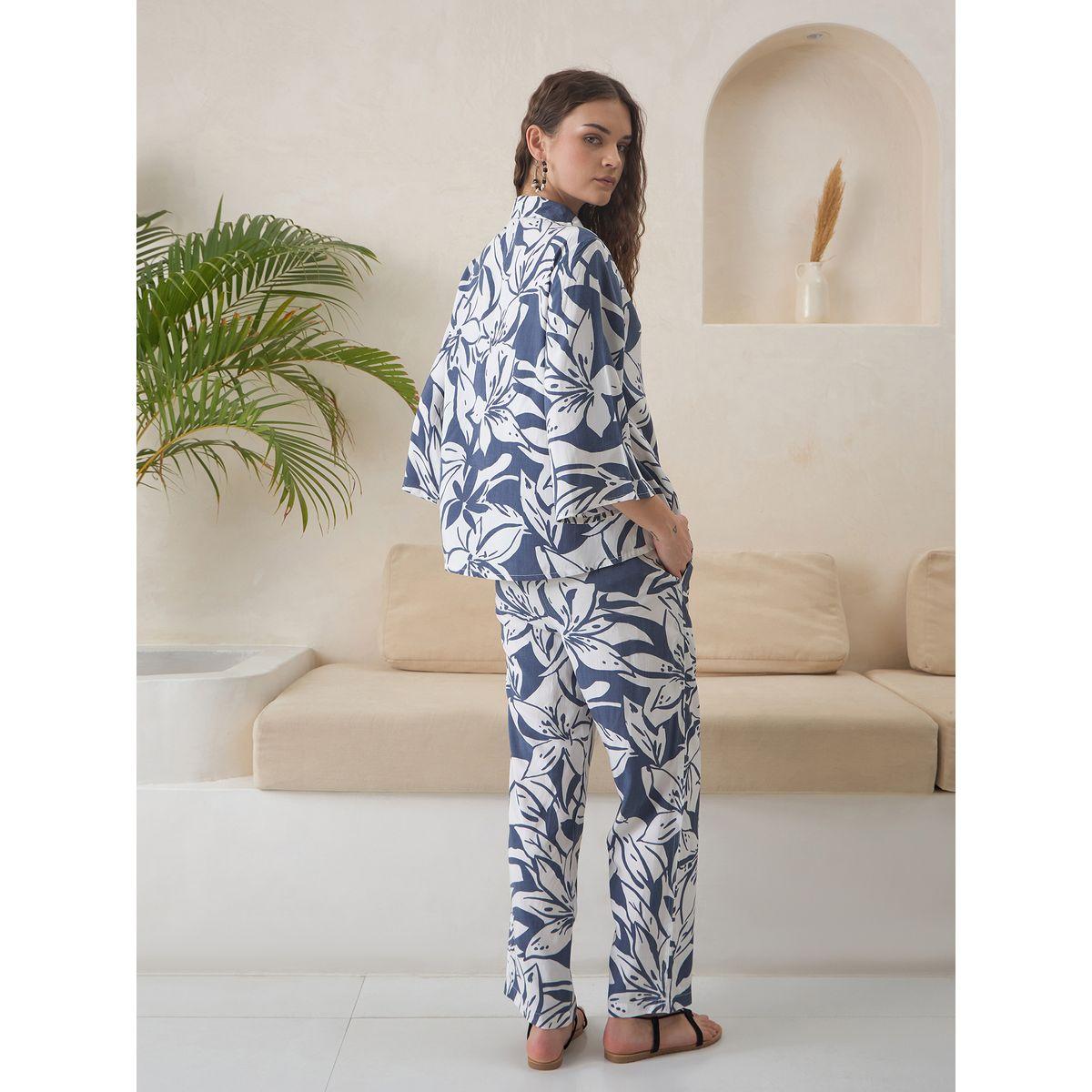 Sanskrutihomes Women Blue Floral Print 3/4 Sleeve Shirt and Pyjama Set-women-clothing-nightwear-pyjamas-longsets-image-3