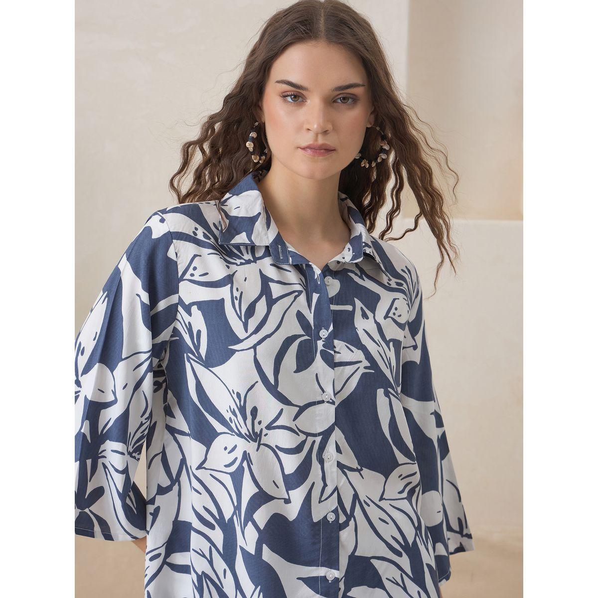 Sanskrutihomes Women Blue Floral Print 3/4 Sleeve Shirt and Pyjama Set-women-clothing-nightwear-pyjamas-longsets-image-5