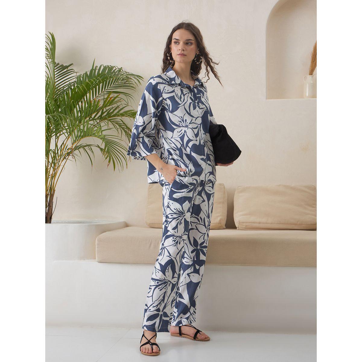 Sanskrutihomes Women Blue Floral Print 3/4 Sleeve Shirt and Pyjama Set-women-clothing-nightwear-pyjamas-longsets-image-6