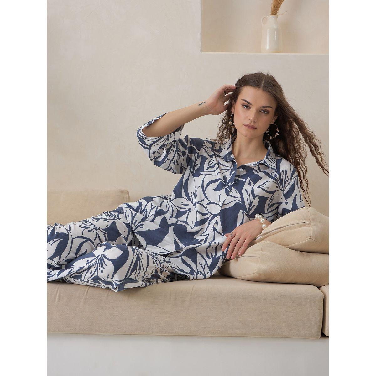 Sanskrutihomes Women Blue Floral Print 3/4 Sleeve Shirt and Pyjama Set-women-clothing-nightwear-pyjamas-longsets-image-7