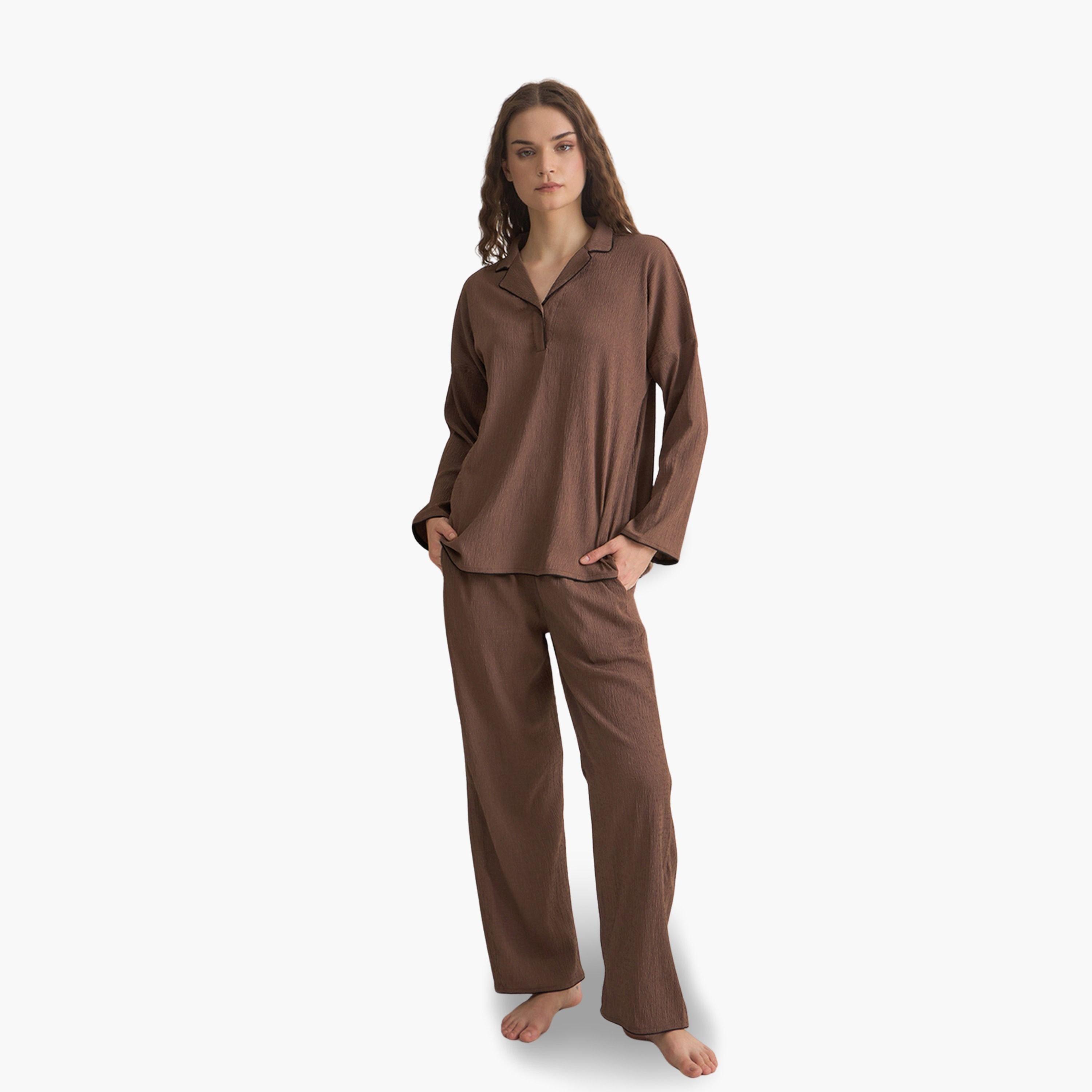 طقم بيجاما نسائي من قميص وبنطال فيسكوز-women-clothing-nightwear-pyjamas-longsets-image-1