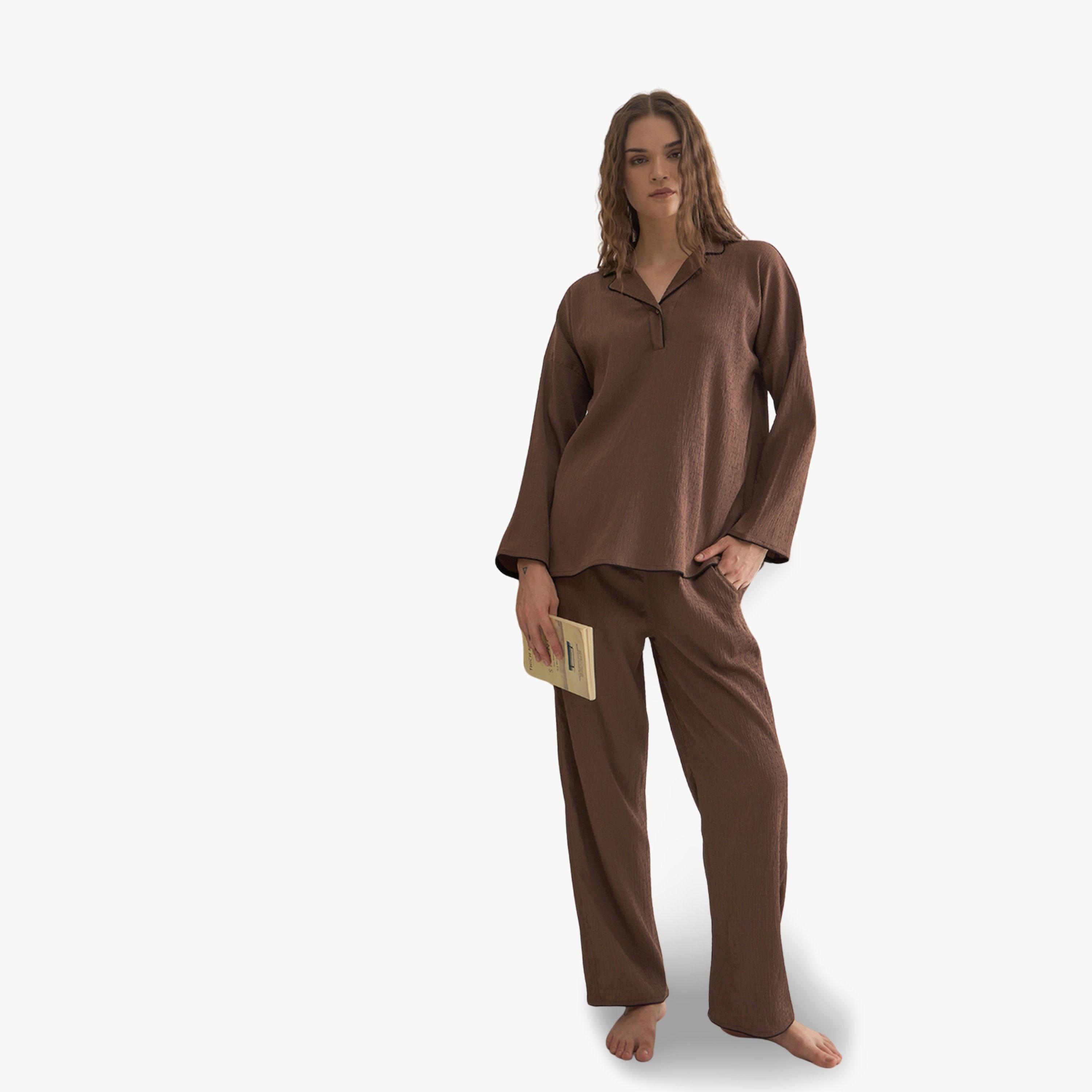 Sanskrutihomes Women Brown Viscose Shirt and Pyjama Set-women-clothing-nightwear-pyjamas-longsets-image-4
