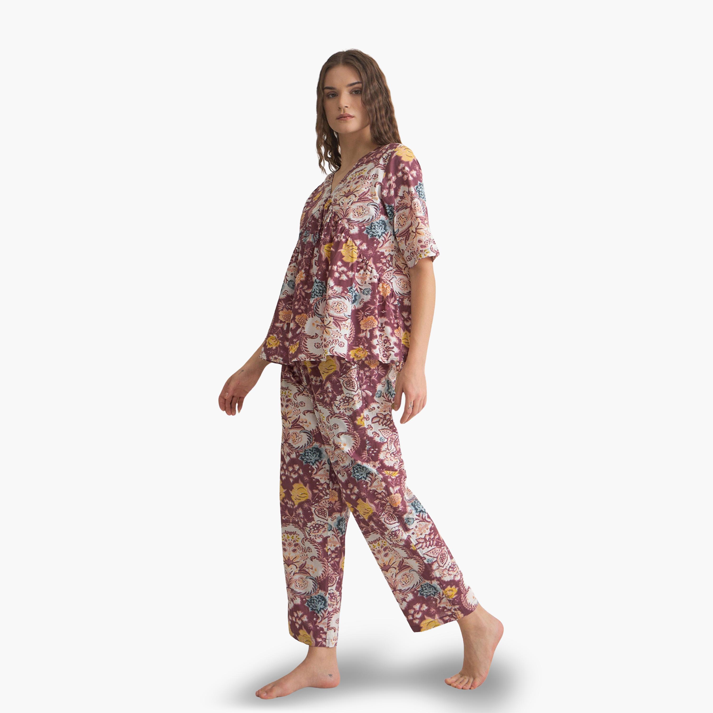 طقم بيجاما نسائي من بلوزة وبنطال قطن بطبعة زهور-women-clothing-nightwear-pyjamas-longsets-image-3