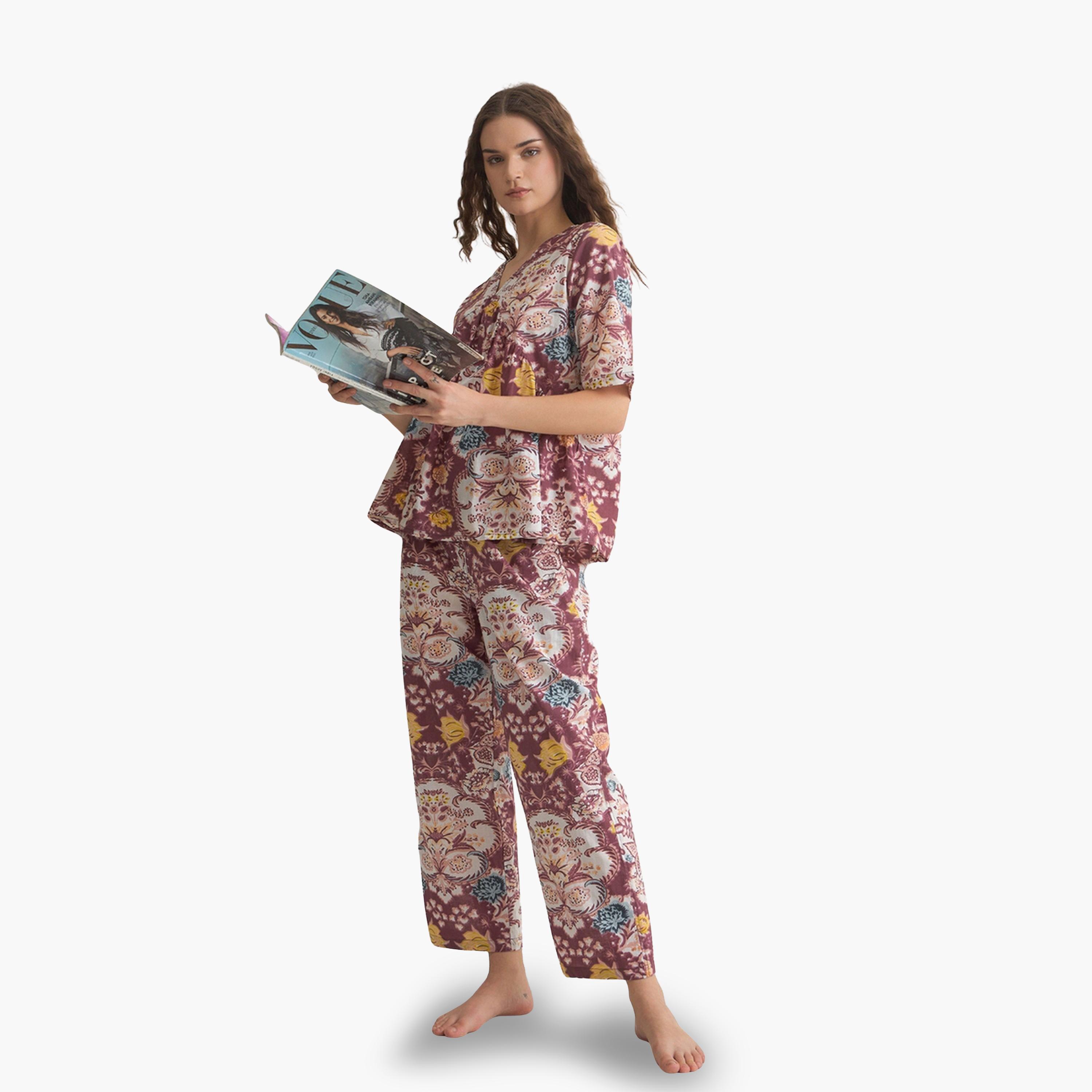 طقم بيجاما نسائي من بلوزة وبنطال قطن بطبعة زهور-women-clothing-nightwear-pyjamas-longsets-image-4