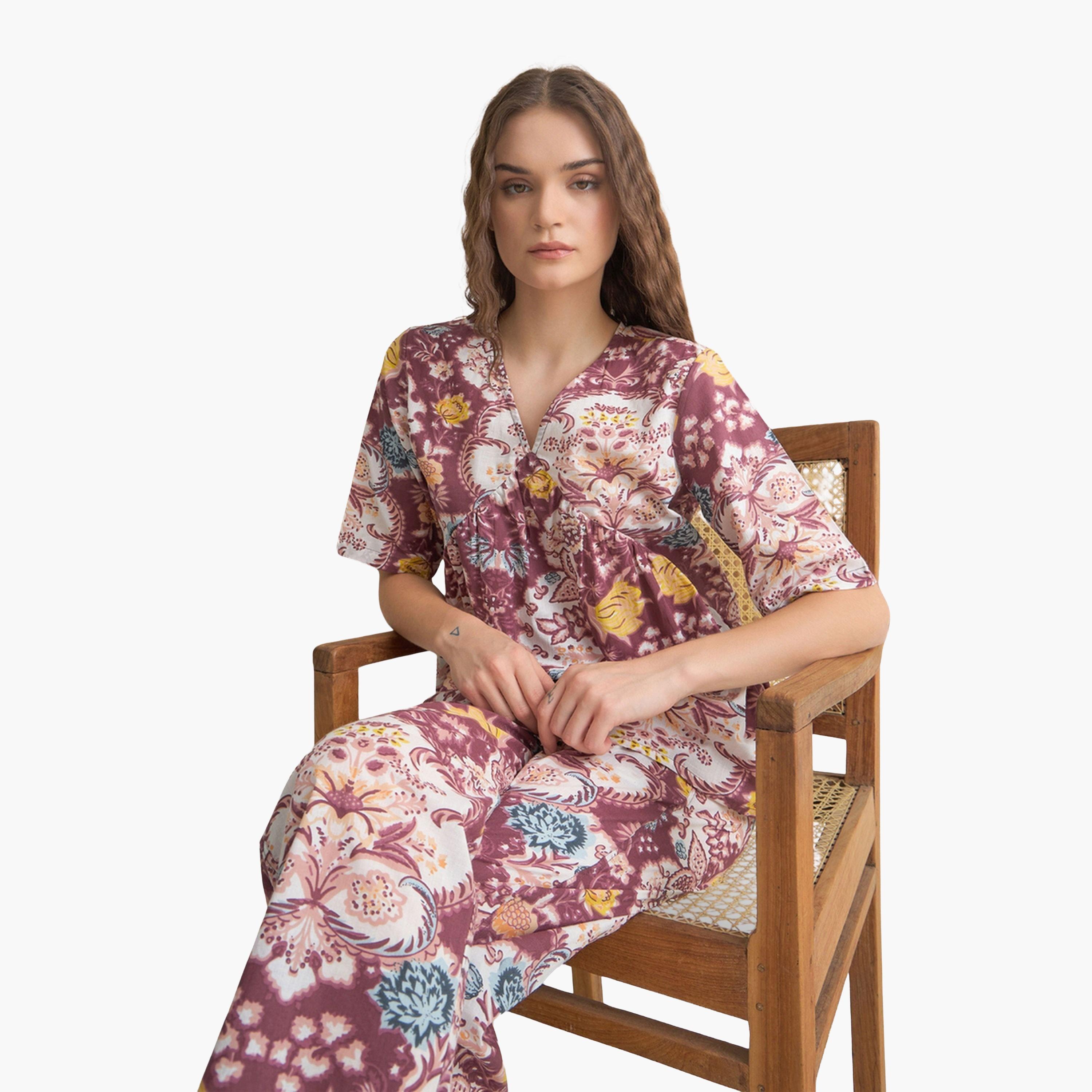 طقم بيجاما نسائي من بلوزة وبنطال قطن بطبعة زهور-women-clothing-nightwear-pyjamas-longsets-image-5