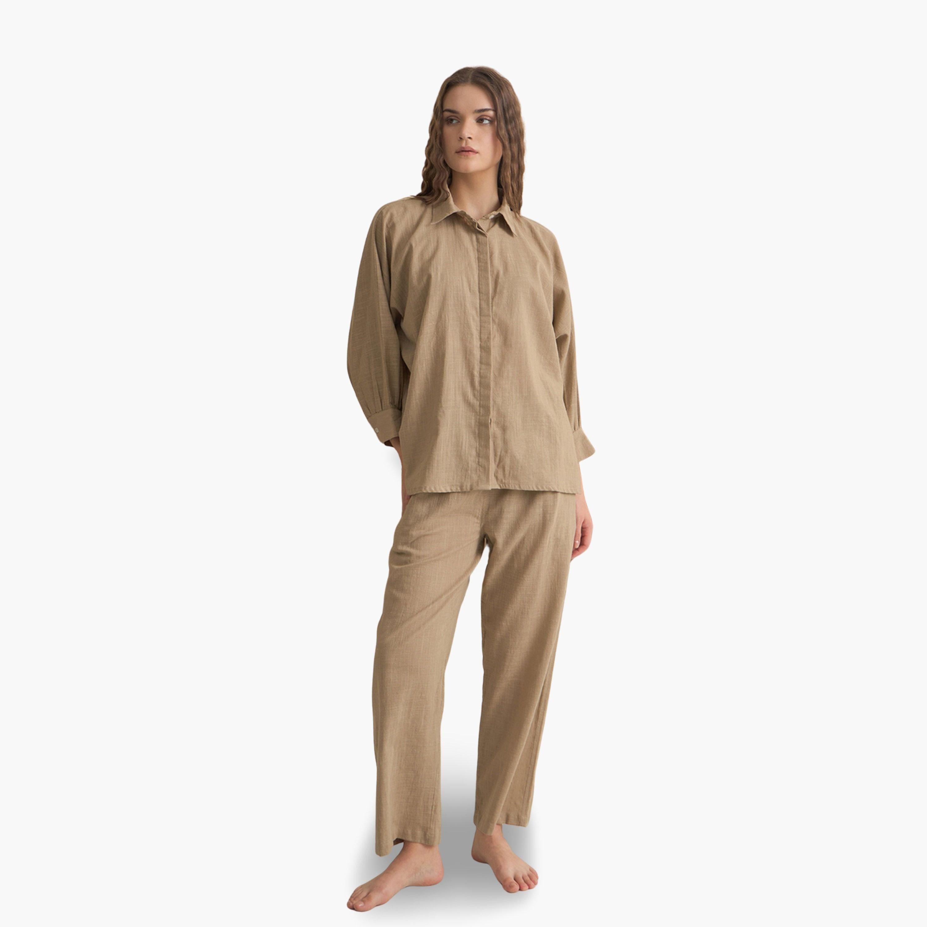 طقم بيجاما نسائي من قميص وبنطال قطن خالص-women-clothing-nightwear-pyjamas-longsets-image-1