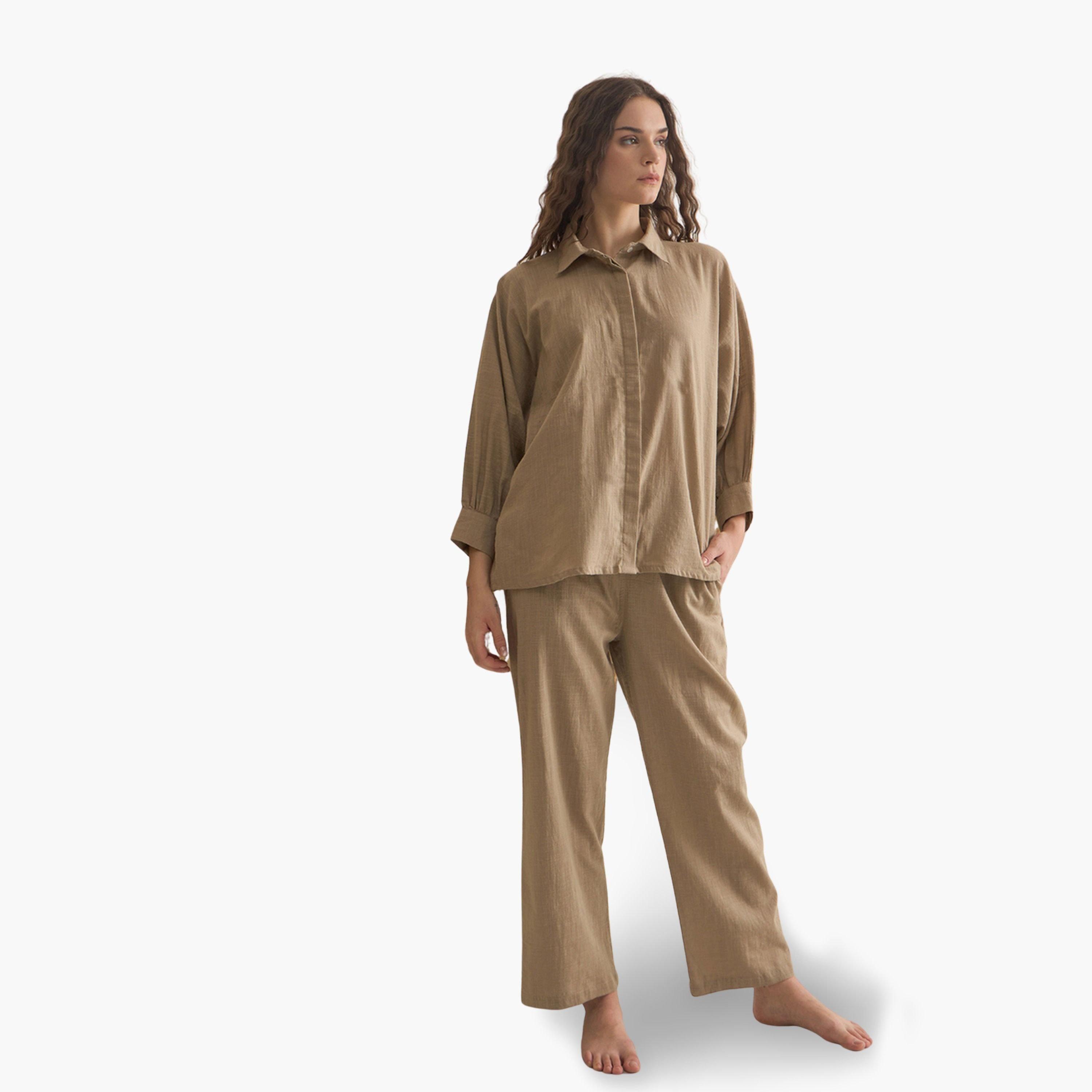طقم بيجاما نسائي من قميص وبنطال قطن خالص-women-clothing-nightwear-pyjamas-longsets-image-3