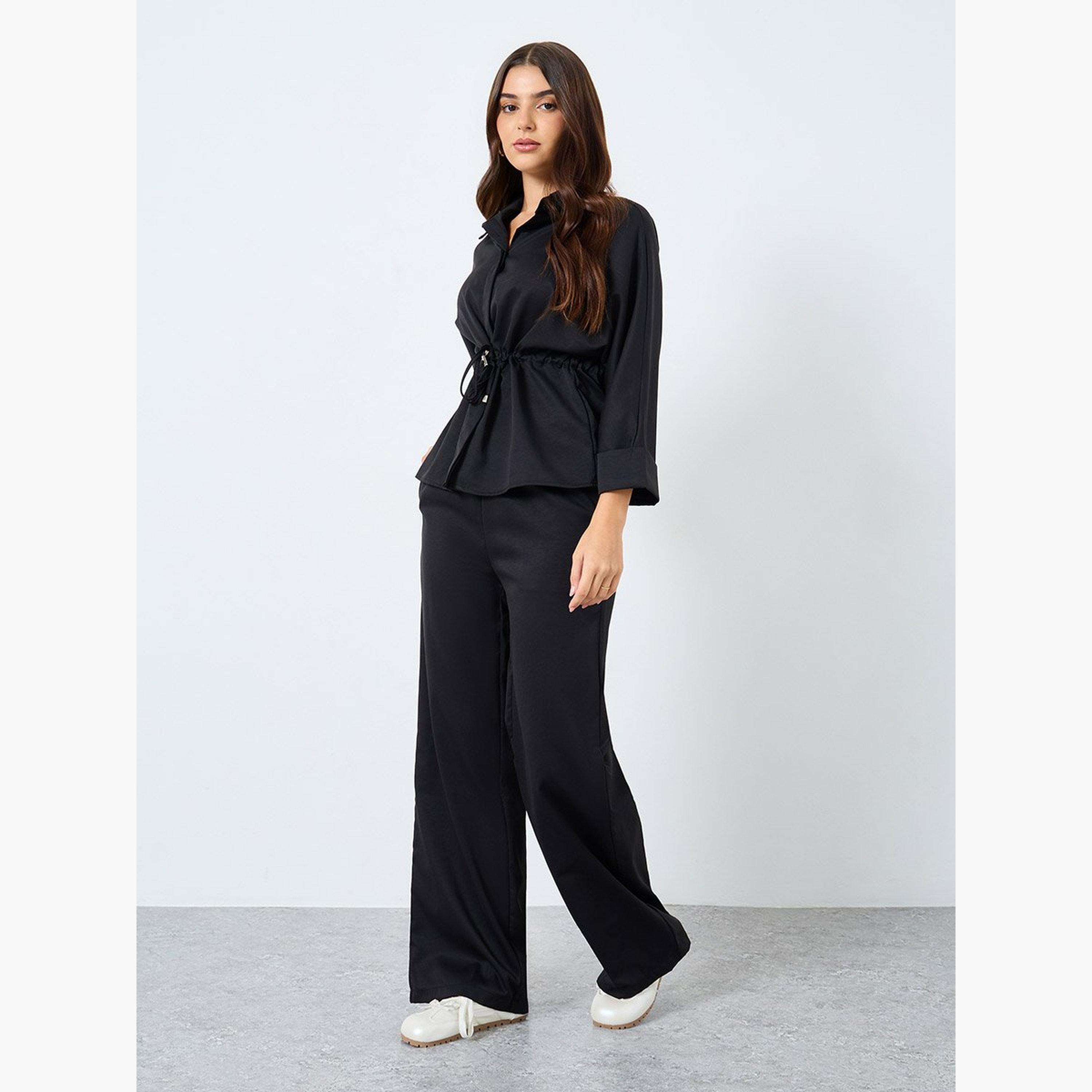 Styli Black Drawstring Detail Shirt and Pants Co-Ords-women-clothing-coordsets-image-1