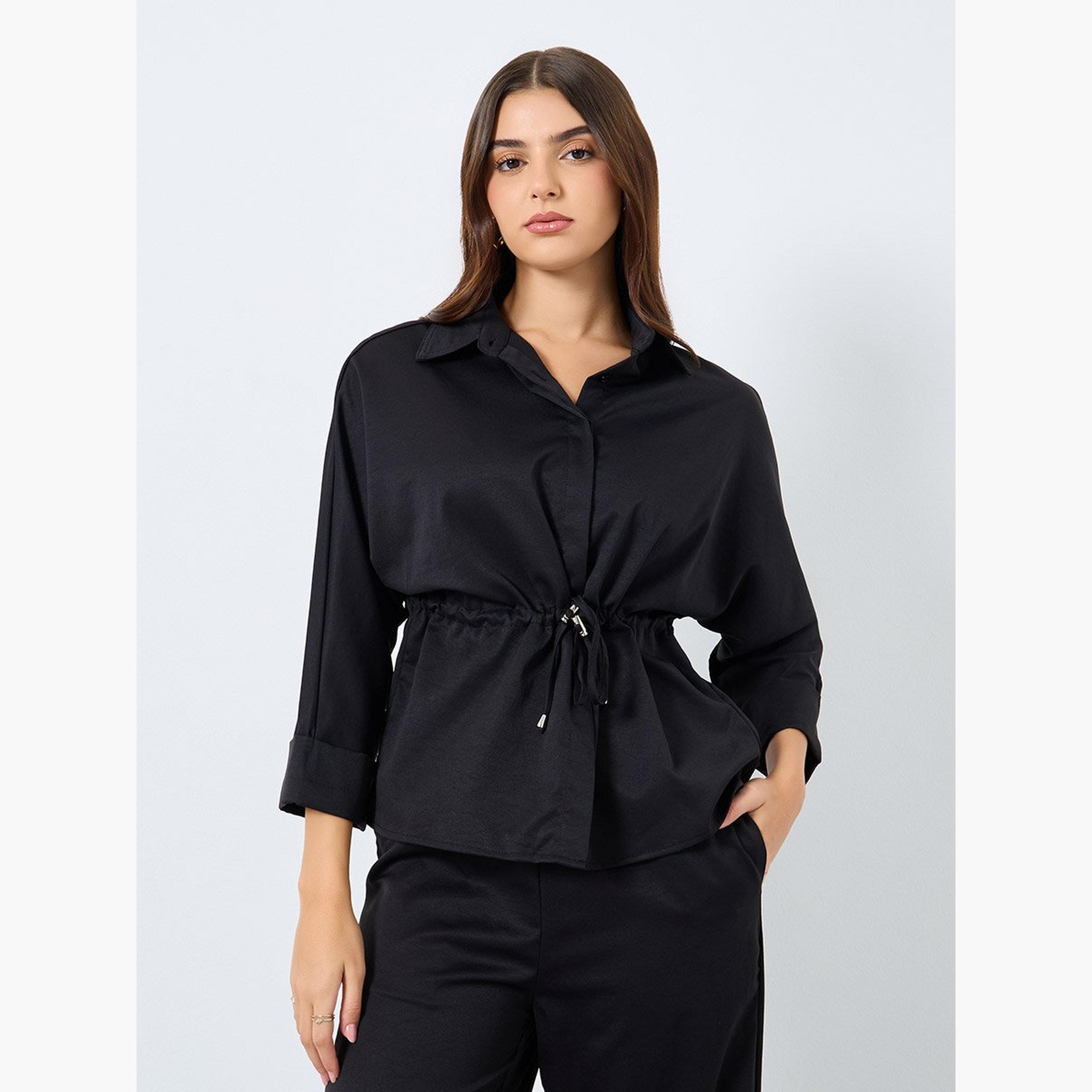 ستايلي - قميص وبنطال أسود بتفاصيل رباط-women-clothing-coordsets-image-2
