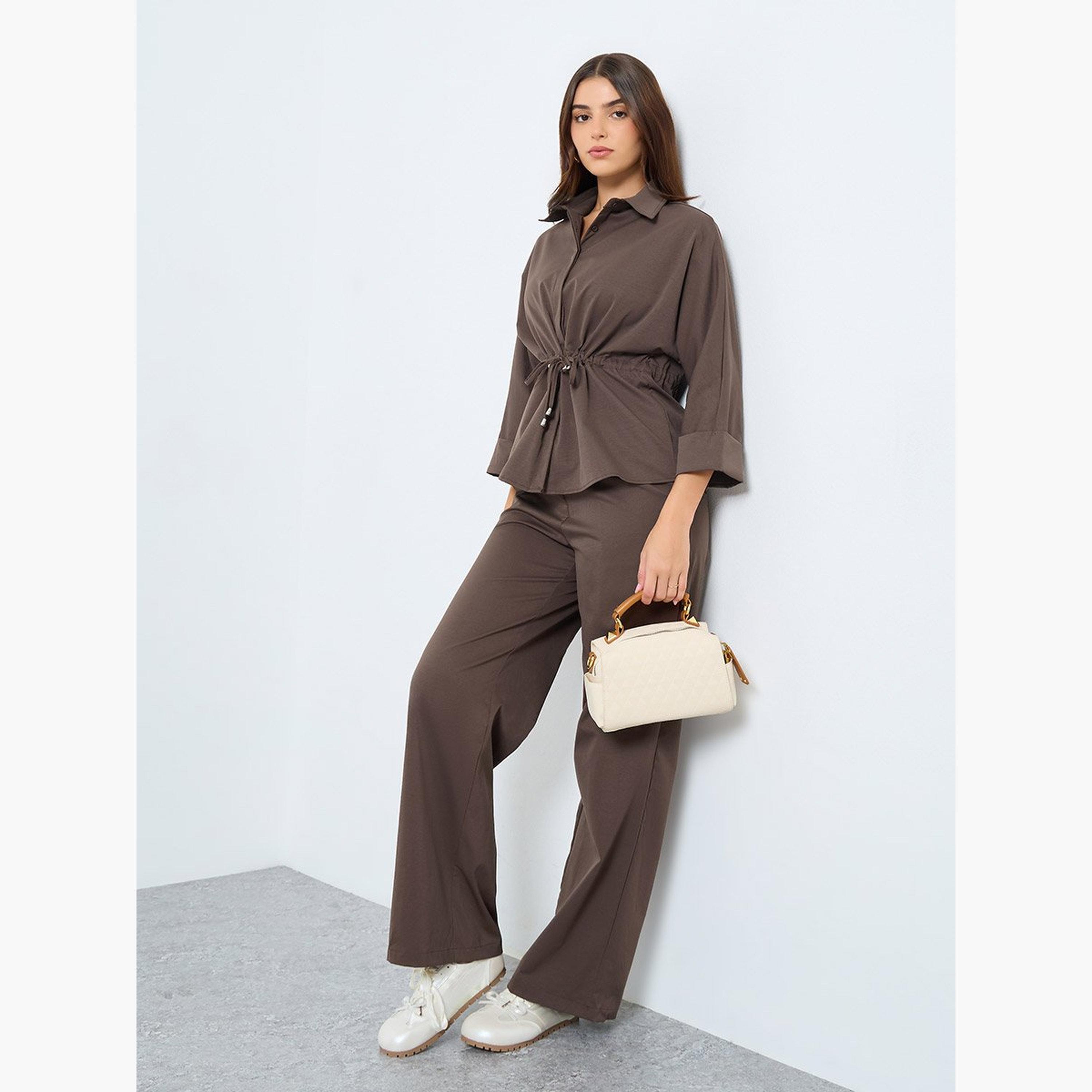 ستايلي - قميص وبنطال بتفاصيل رباط لون بني-women-clothing-coordsets-image-1