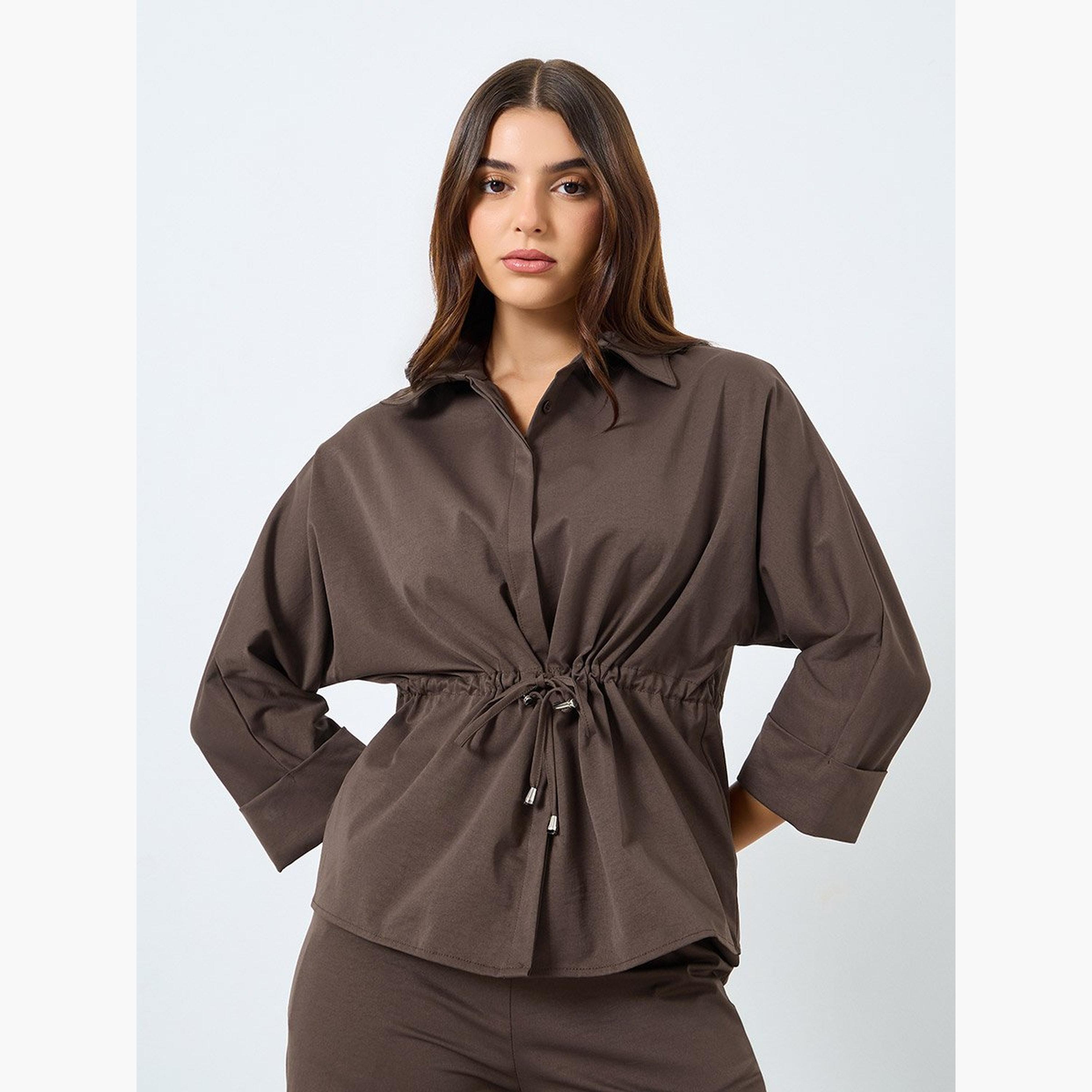 ستايلي - قميص وبنطال بتفاصيل رباط لون بني-women-clothing-coordsets-image-2