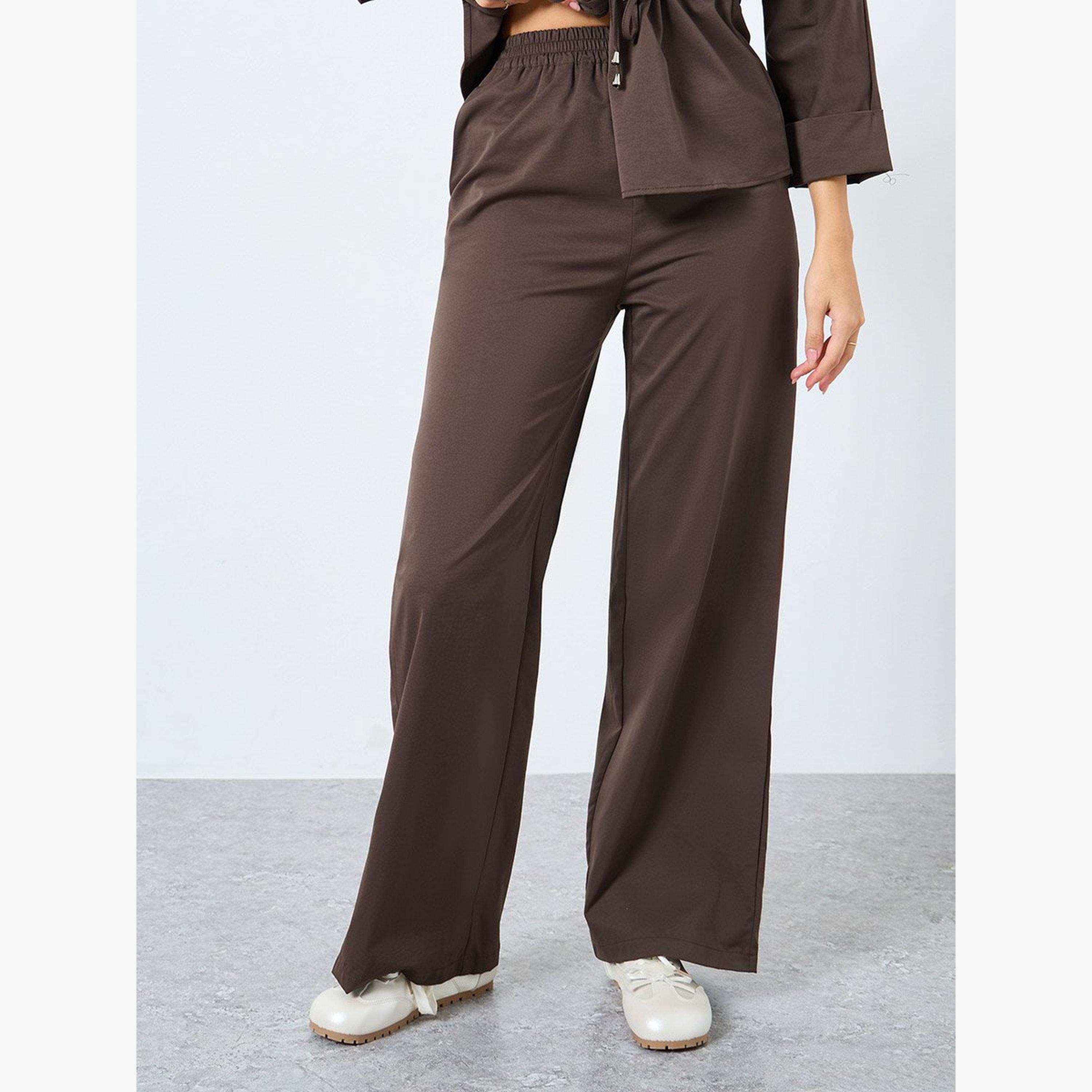 ستايلي - قميص وبنطال بتفاصيل رباط لون بني-women-clothing-coordsets-image-4