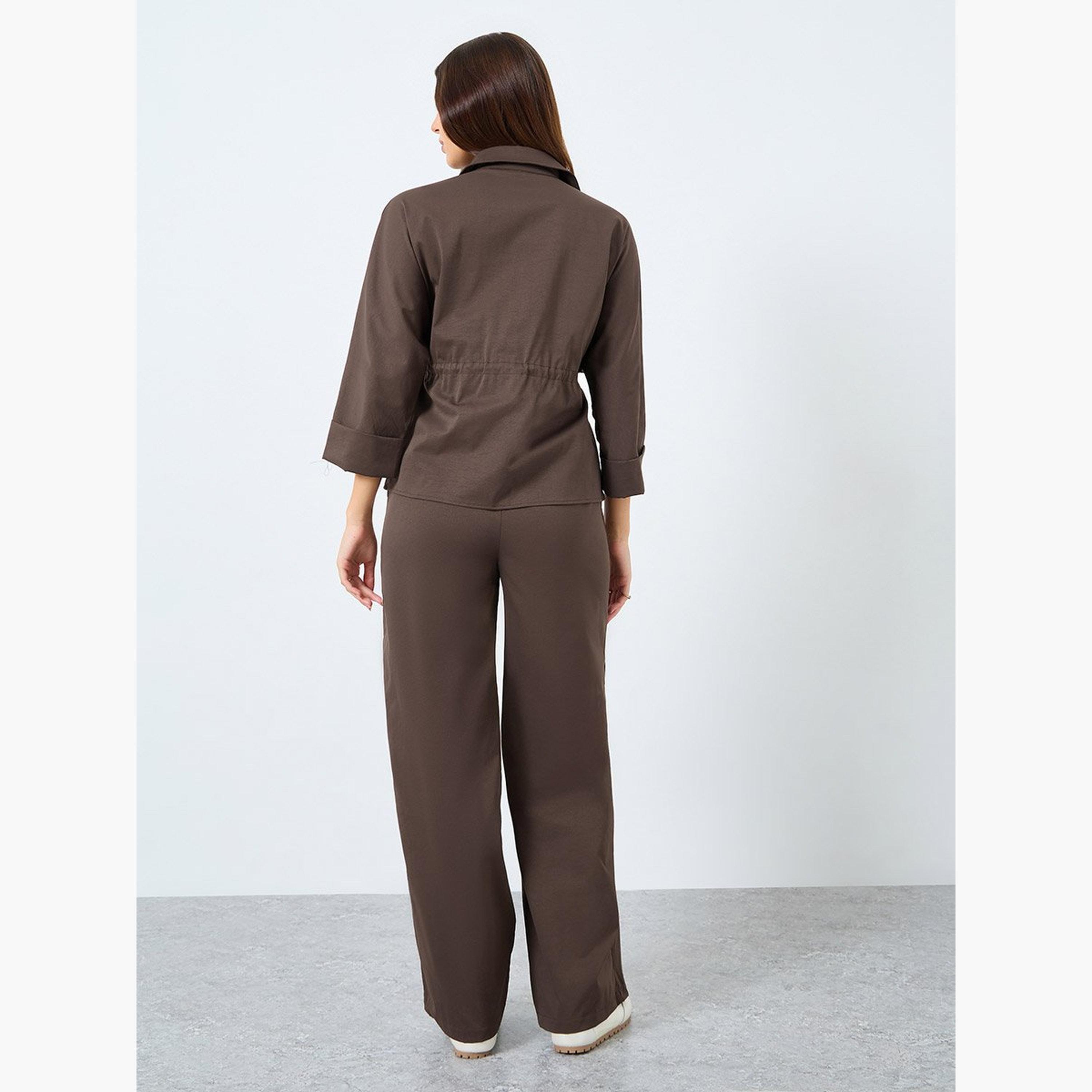 Styli Brown Drawstring Detail Shirt and Pants Co-Ords-women-clothing-coordsets-image-5