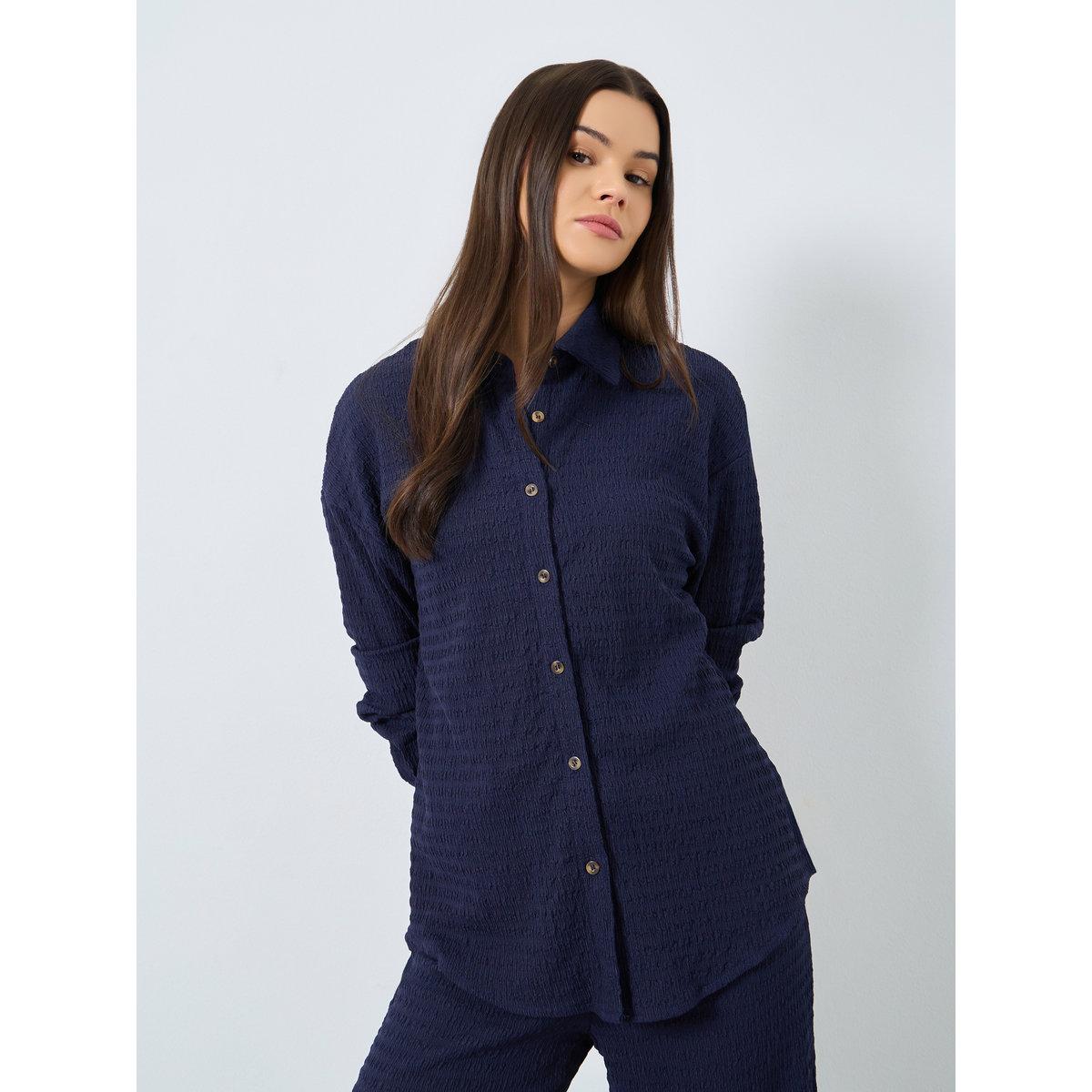 طقم منسق من بنطال وبلوزة بتفاصيل بارزة الملمس-women-clothing-coordsets-image-2