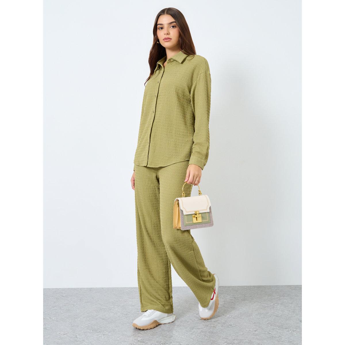 Styli Women Textured Longline Shirt and Pants Co-Ords-women-clothing-coordsets-image-1