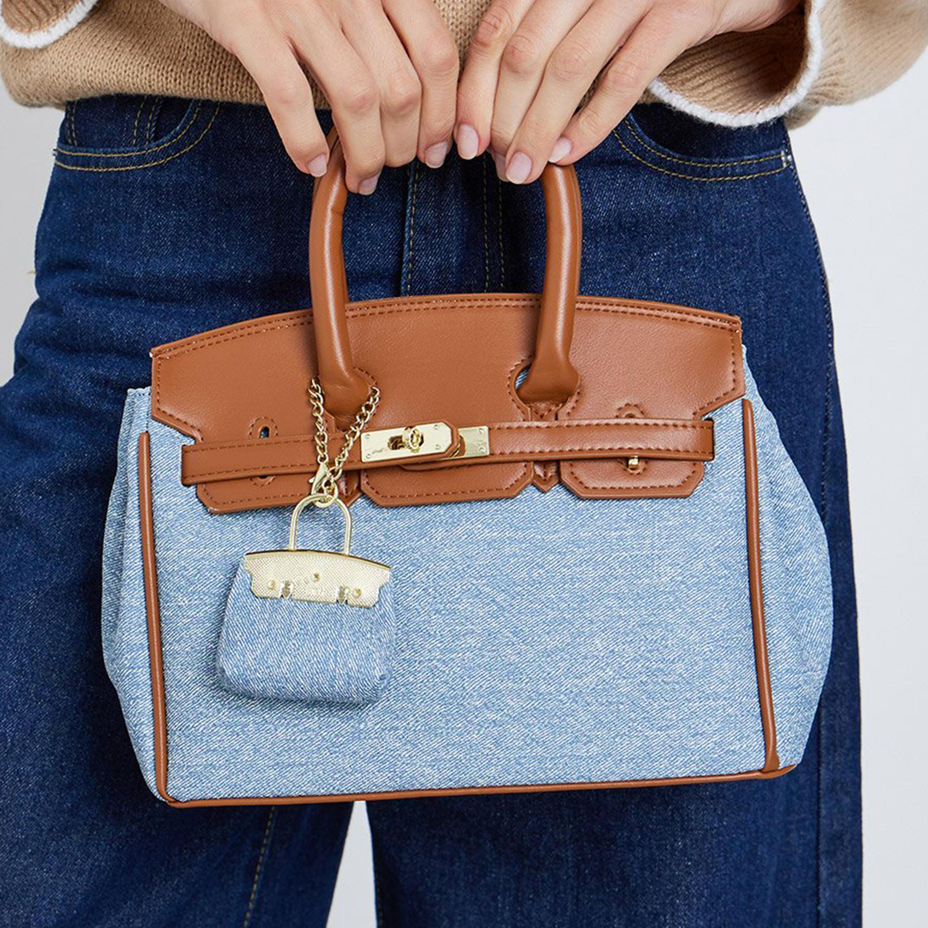 Styli Blue Denim Satchel Handbag with Brown Accents-women-bagsandwallets-handbags-image-2