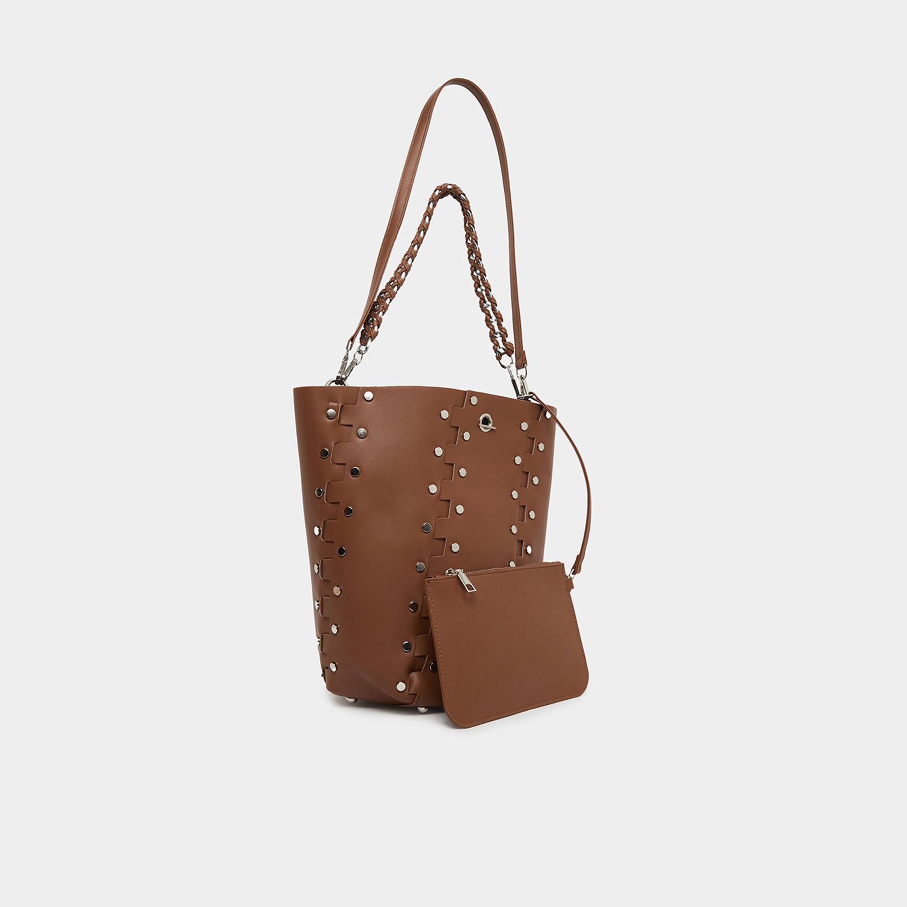 Styli Brown Studded Bucket Bag with Detachable Pouch-women-bagsandwallets-handbags-image-1