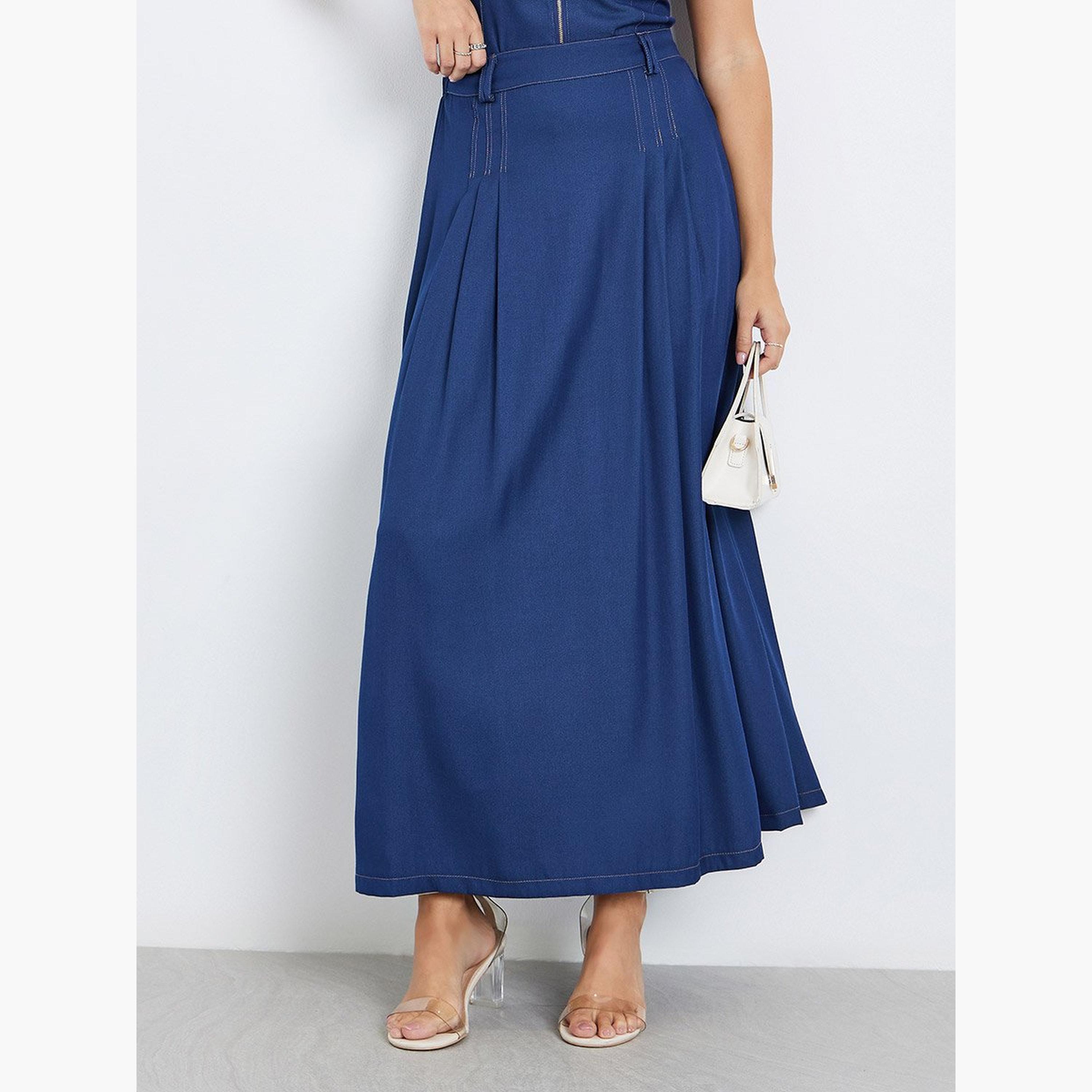 Styli Solid Pleated A-Line Maxi Skirt-women-clothing-bottoms-skirts-image-1