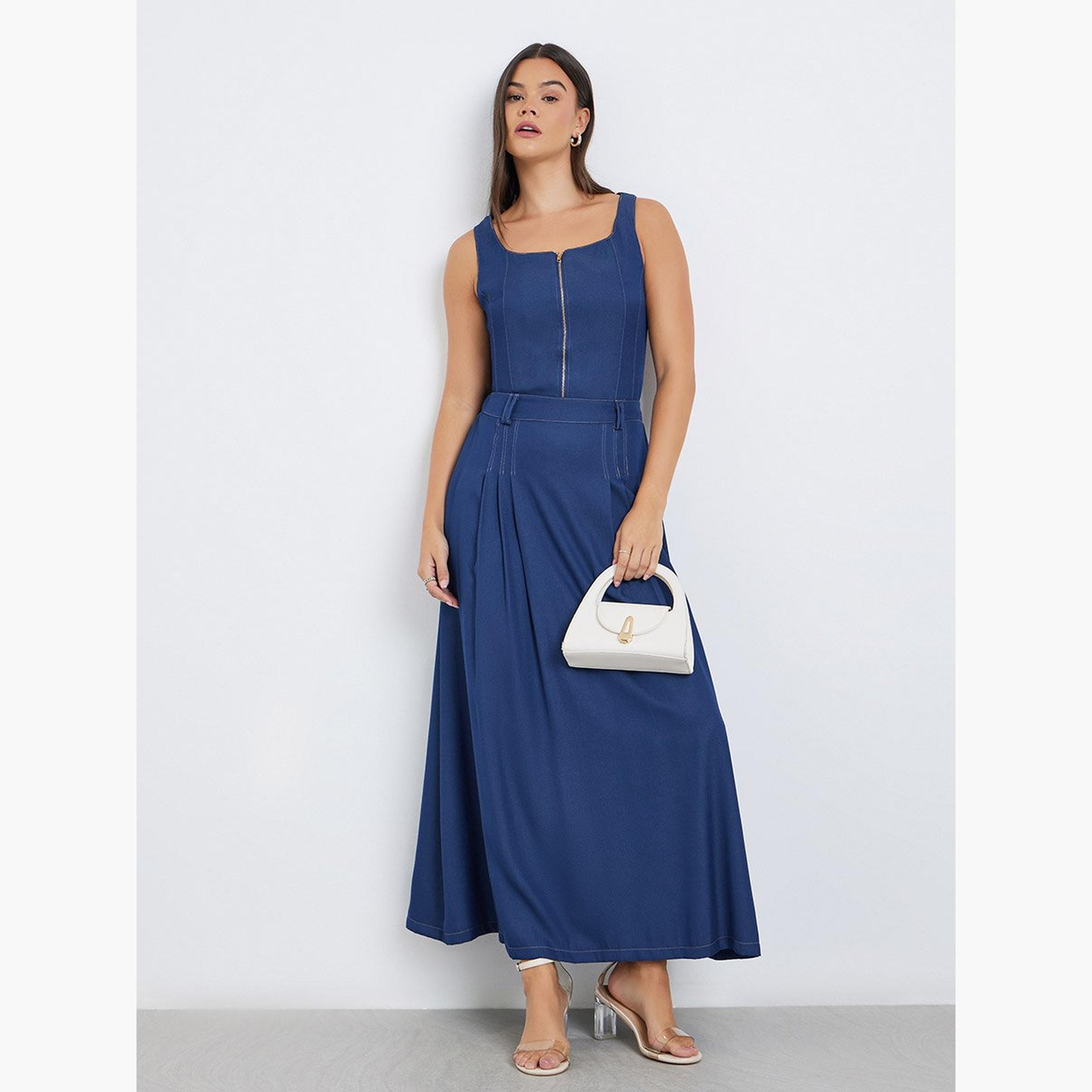 Styli Solid Pleated A-Line Maxi Skirt-women-clothing-bottoms-skirts-image-2