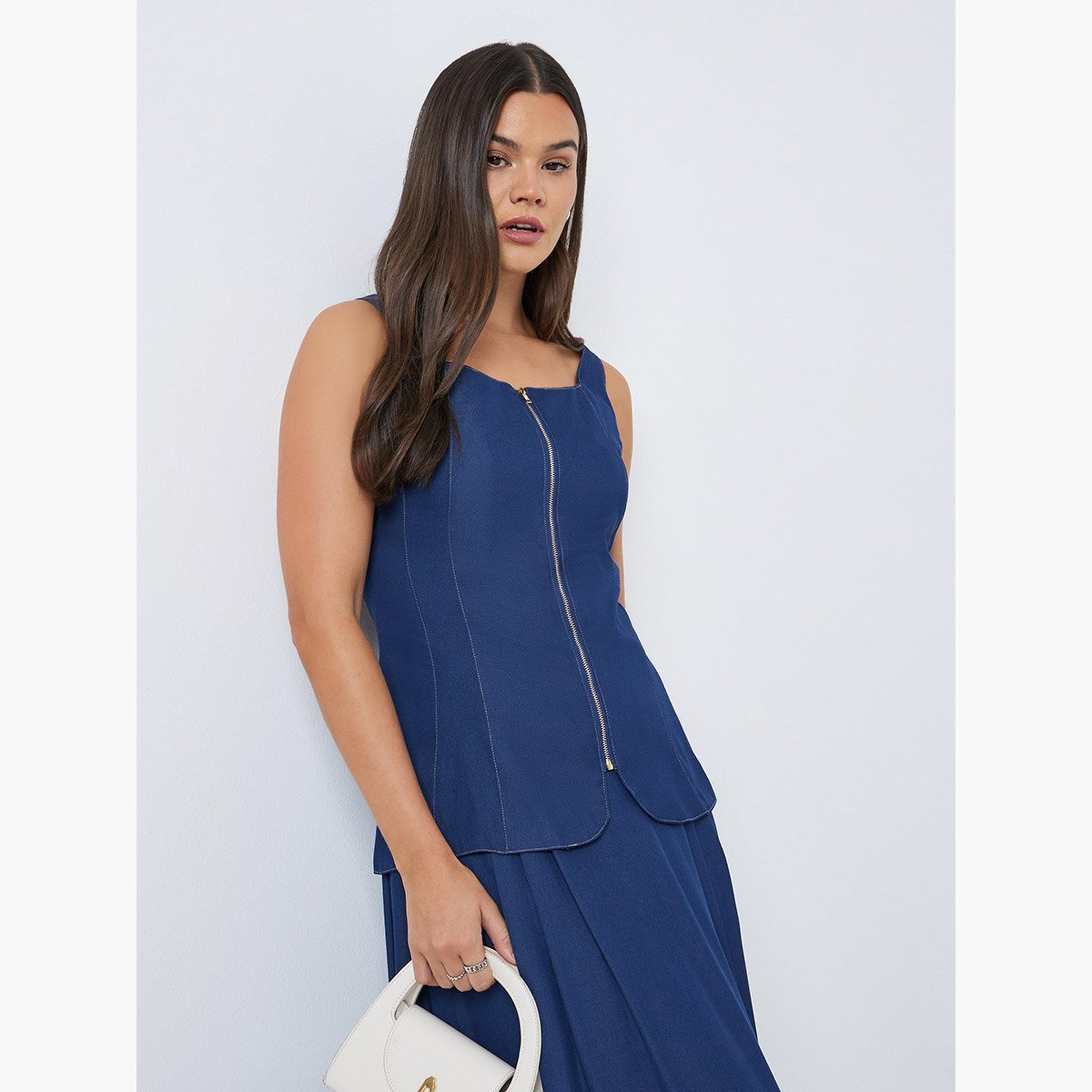 Styli Dark Blue Panelled Peplum Top-women-clothing-shirtsandblouses-blouses-image-1