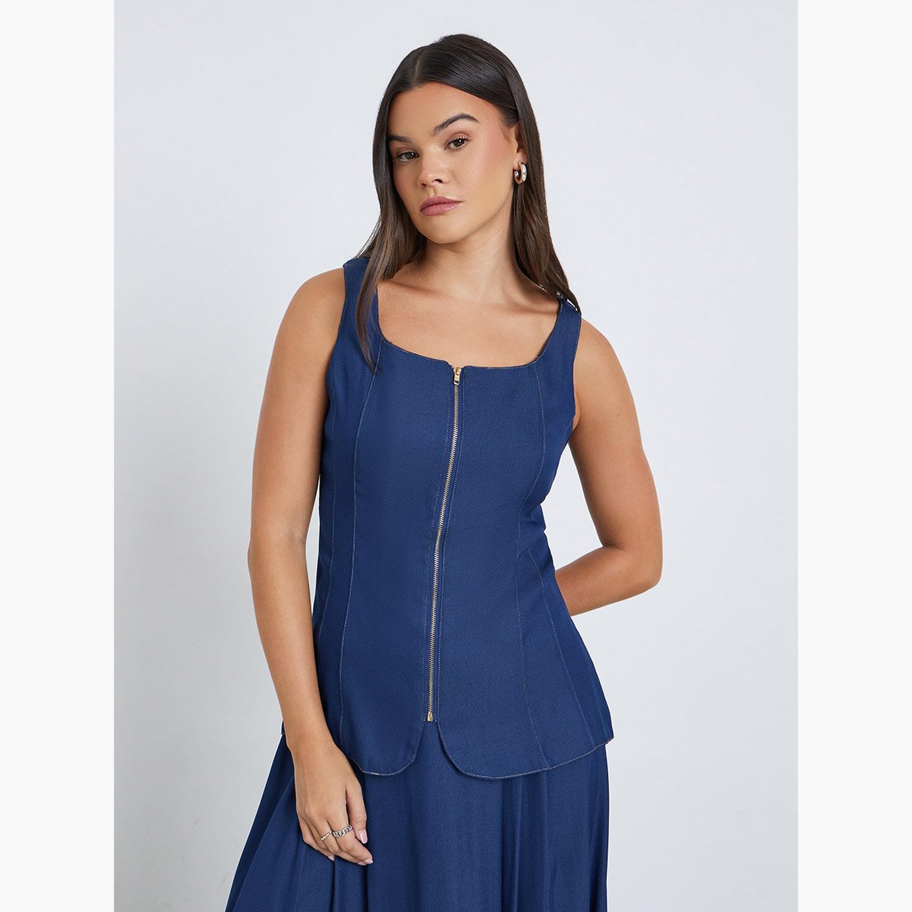 Styli Dark Blue Panelled Peplum Top-women-clothing-shirtsandblouses-blouses-image-3