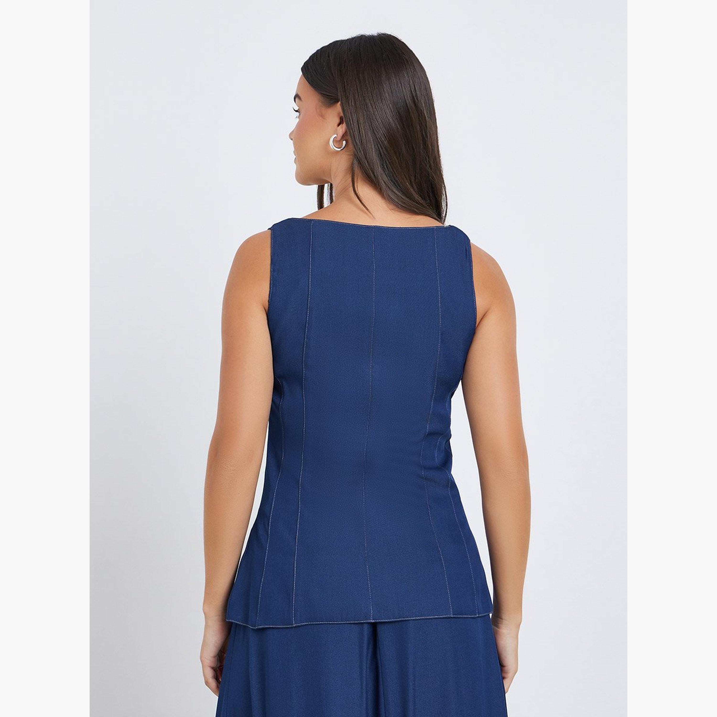 Styli Dark Blue Panelled Peplum Top-women-clothing-shirtsandblouses-blouses-image-5