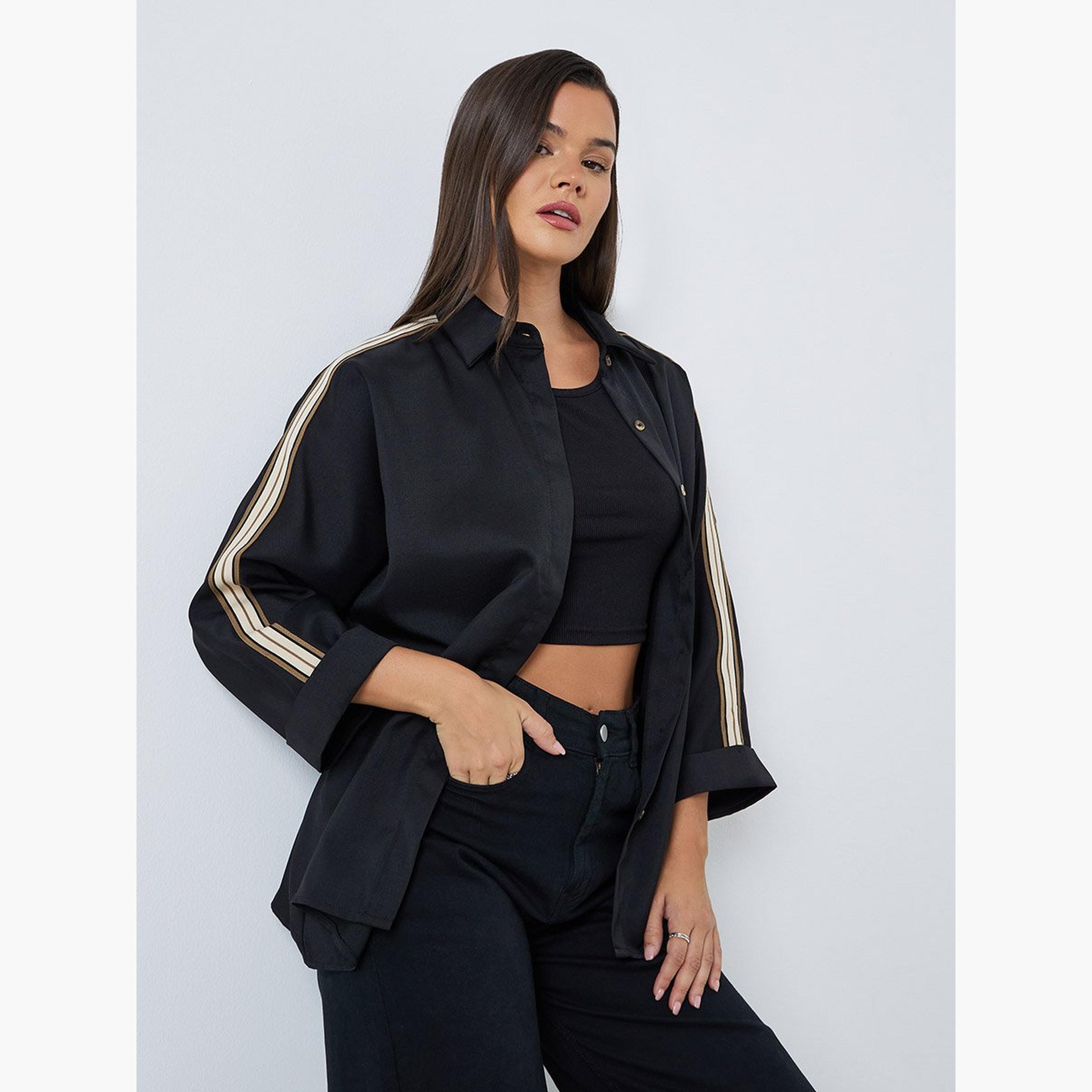 ستايلي - قميص للنساء أسود قصّة مريحة بأكمام شريطية-women-clothing-shirtsandblouses-shirts-image-1
