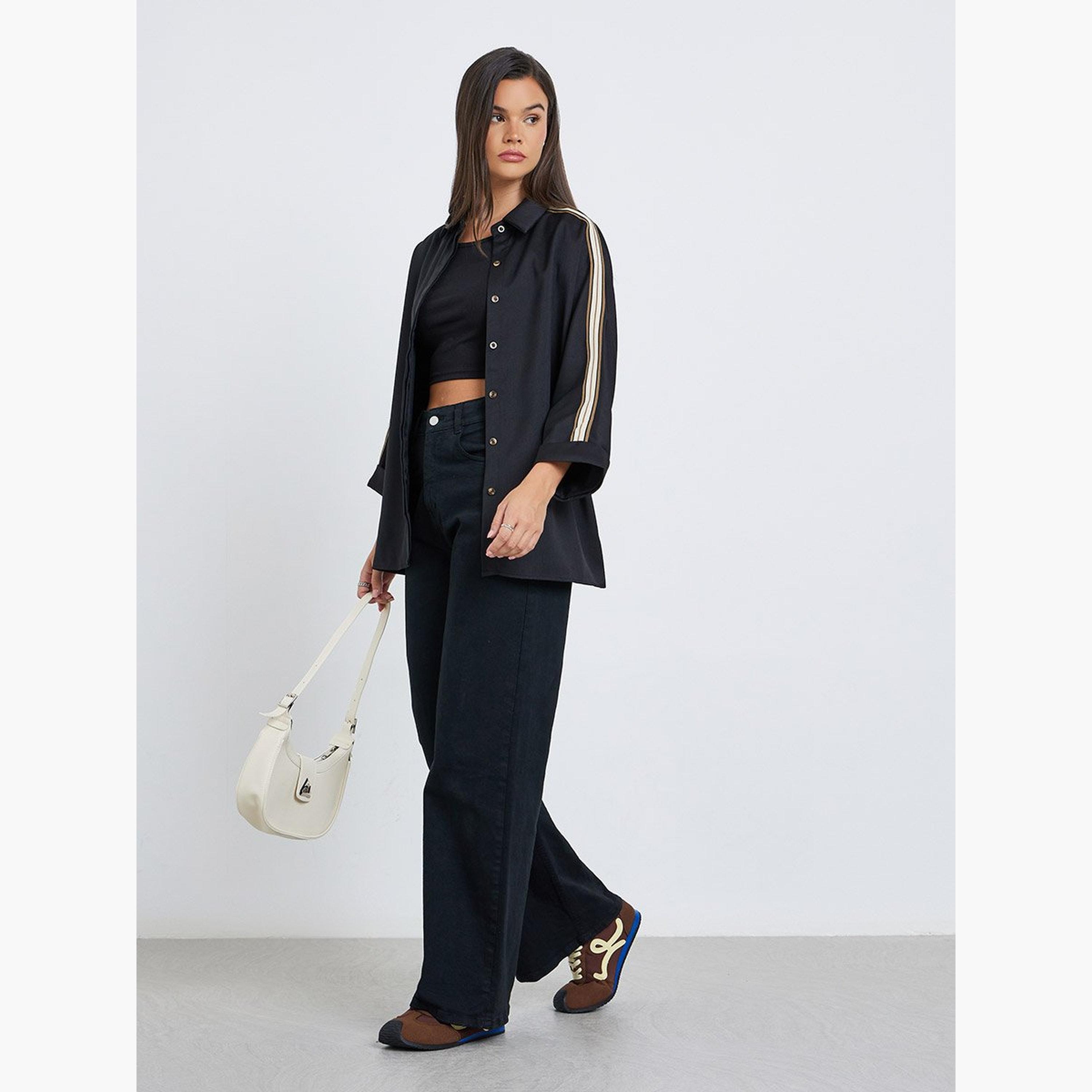 ستايلي - قميص للنساء أسود قصّة مريحة بأكمام شريطية-women-clothing-shirtsandblouses-shirts-image-2