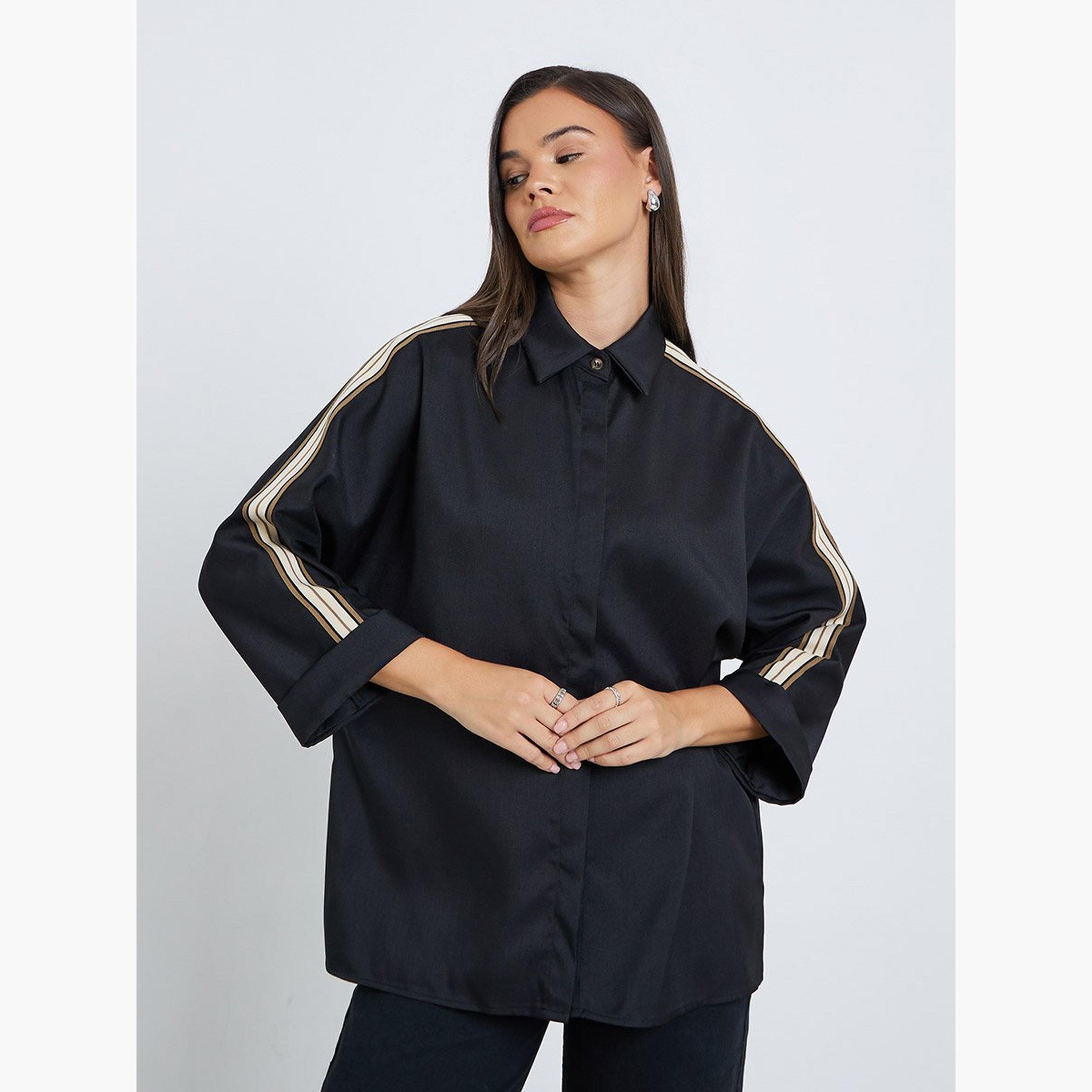 ستايلي - قميص للنساء أسود قصّة مريحة بأكمام شريطية-women-clothing-shirtsandblouses-shirts-image-3