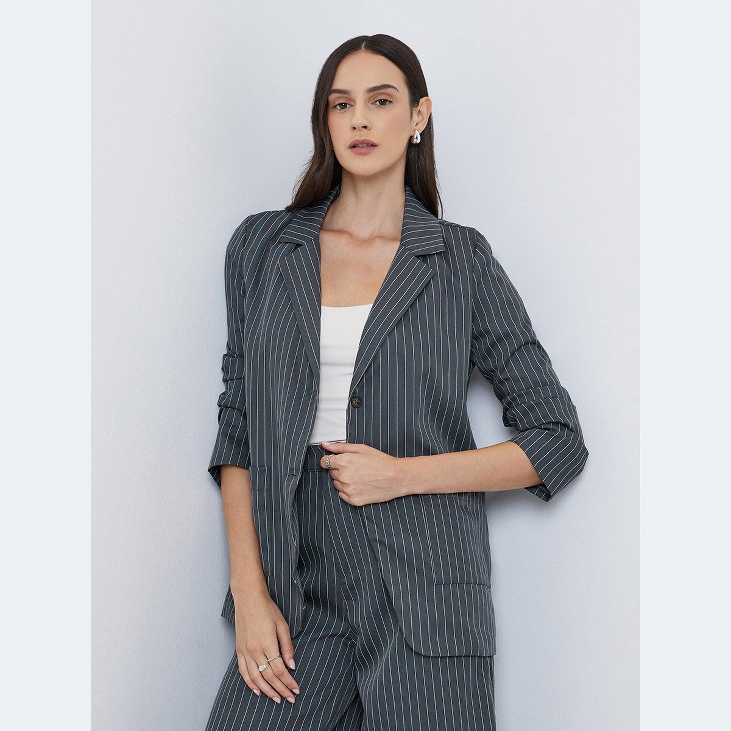 Styli Navy Blue Pinstripe Regular Fit Blazer-women-clothing-coatsandjackets-blazers-image-1